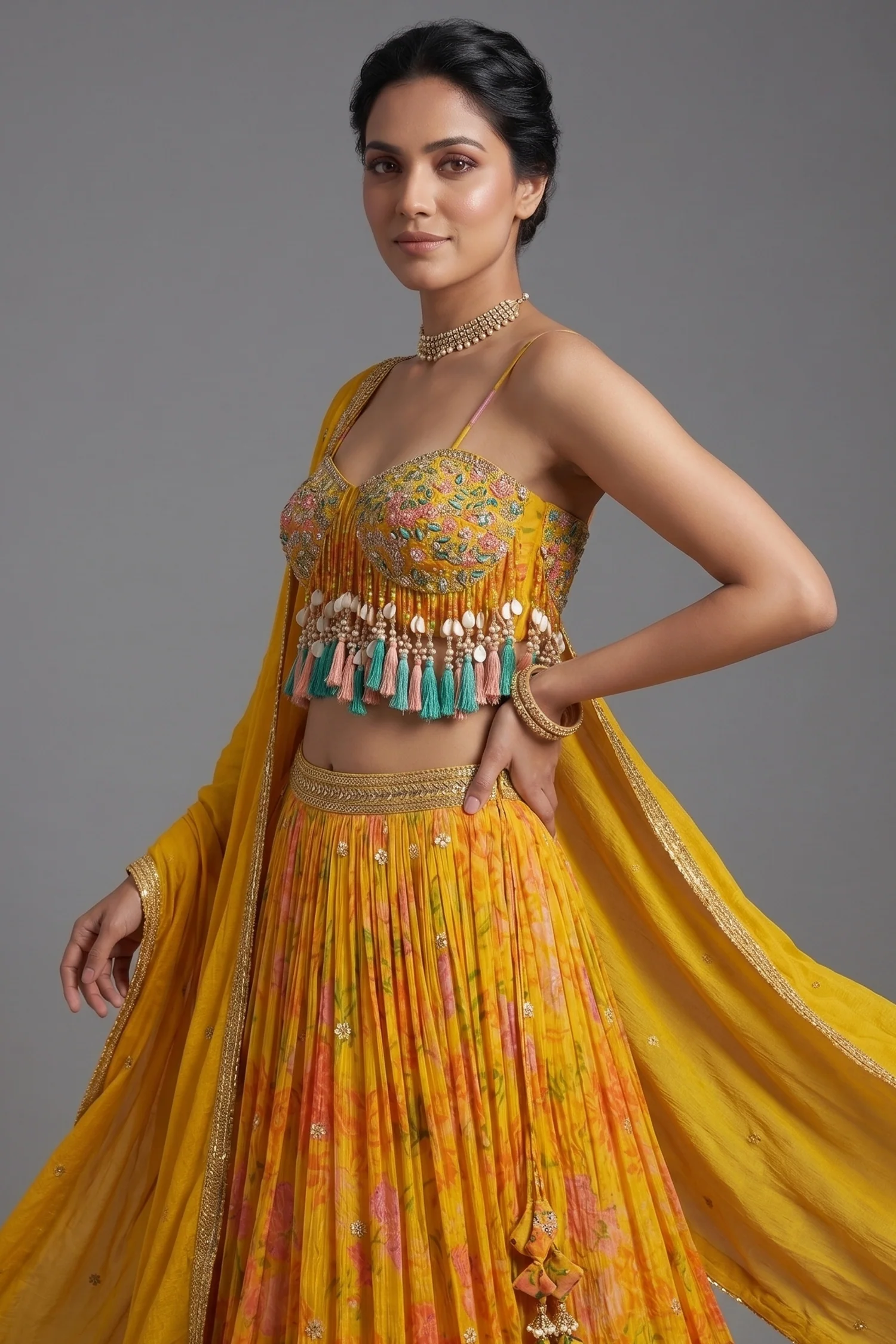 Amber Yellow Mustard Organza Printed Lehenga Set - Image 2