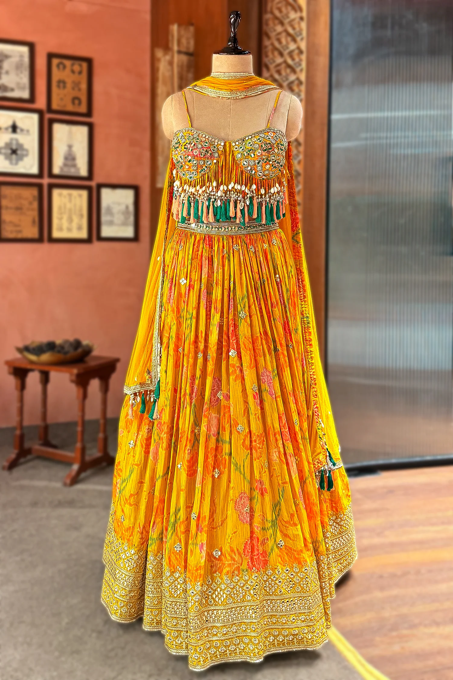 Amber Yellow Mustard Organza Printed Lehenga Set - Image 3