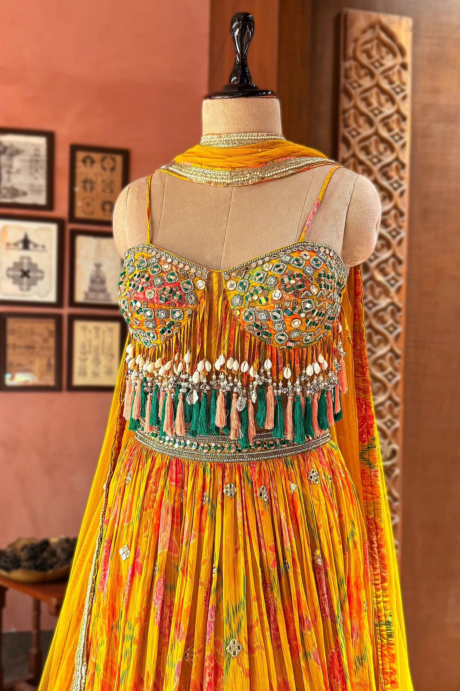 Amber Yellow Mustard Organza Printed Lehenga Set - Image 4