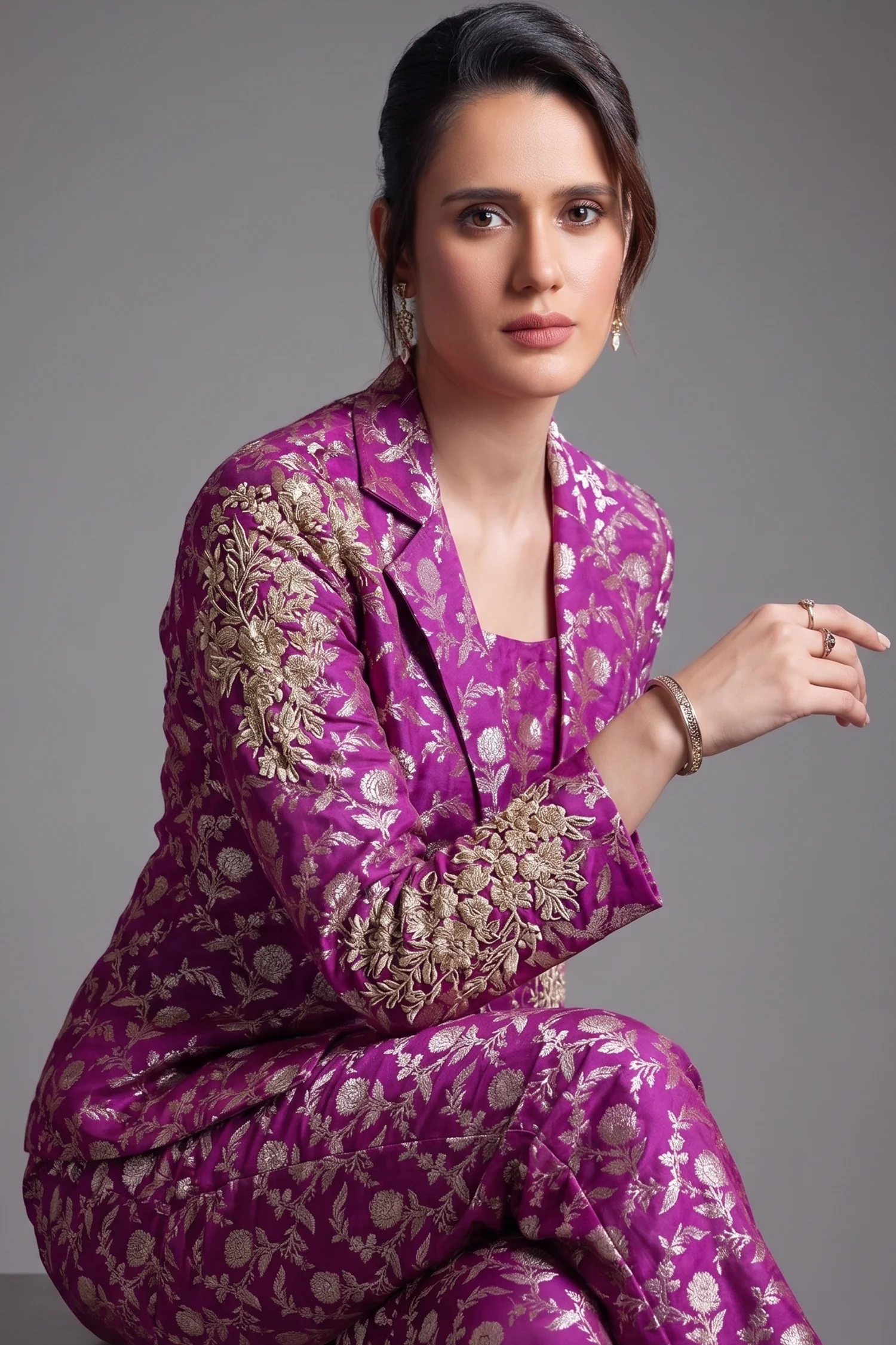 Amethyst Purple Brocade Silk Floral Woven Jaal Blazer Set with Sequins and Cutdana - Image 2