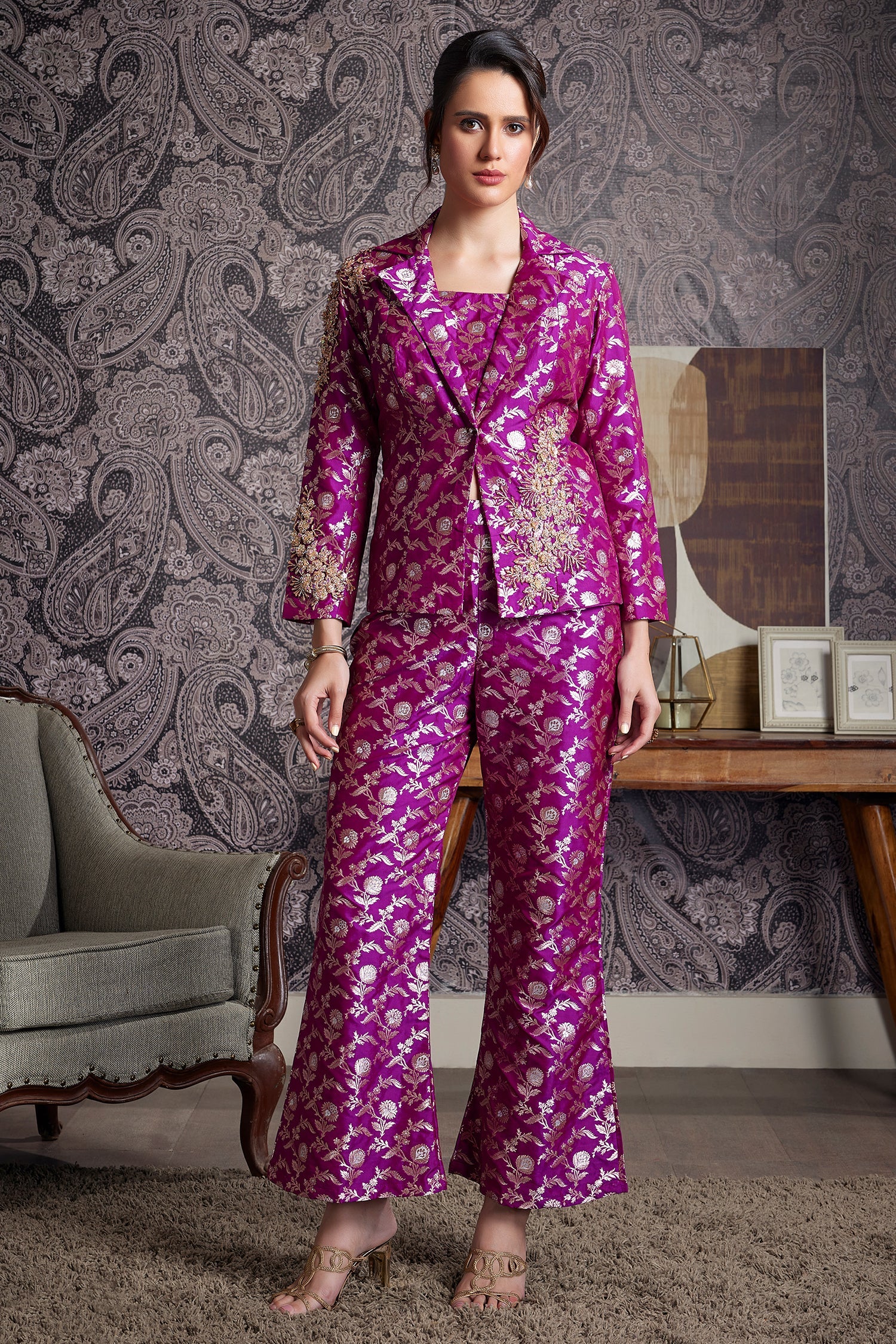 Amethyst Purple Brocade Silk Floral Woven Jaal Blazer Set with Sequins and Cutdana - Image 3