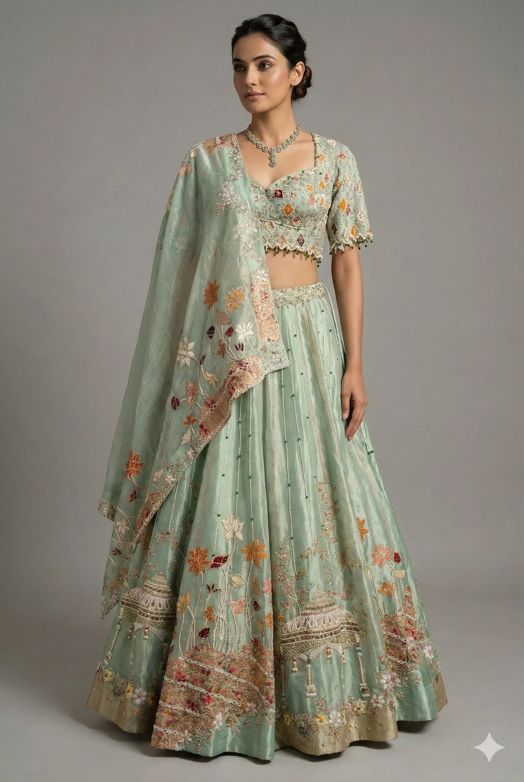 Aqua Green Tissue Designer Bead and Multi Thread Floral Work Lehenga