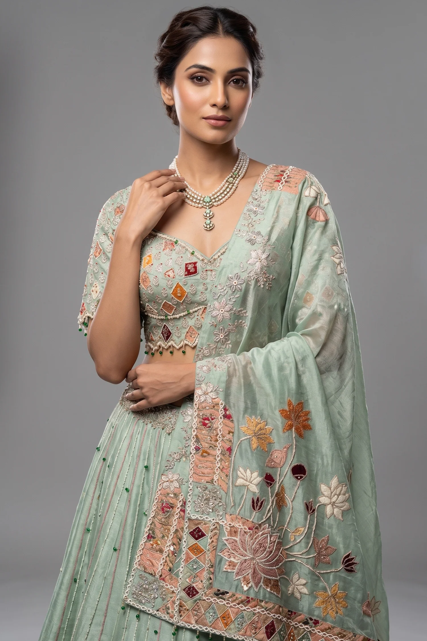 Aqua Green Tissue Designer Bead and Multi Thread Floral Work Lehenga - Image 2