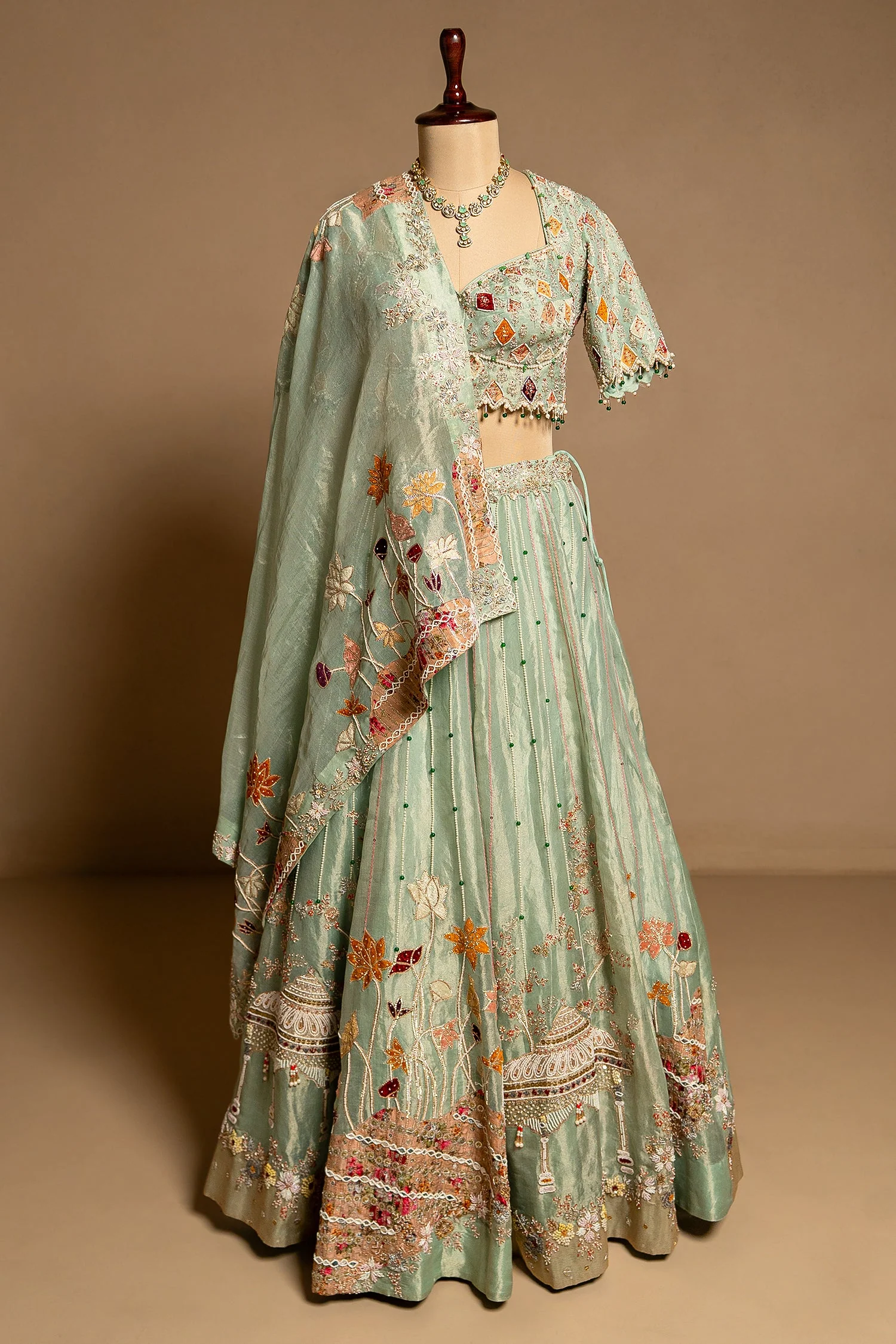 Aqua Green Tissue Designer Bead and Multi Thread Floral Work Lehenga - Image 3