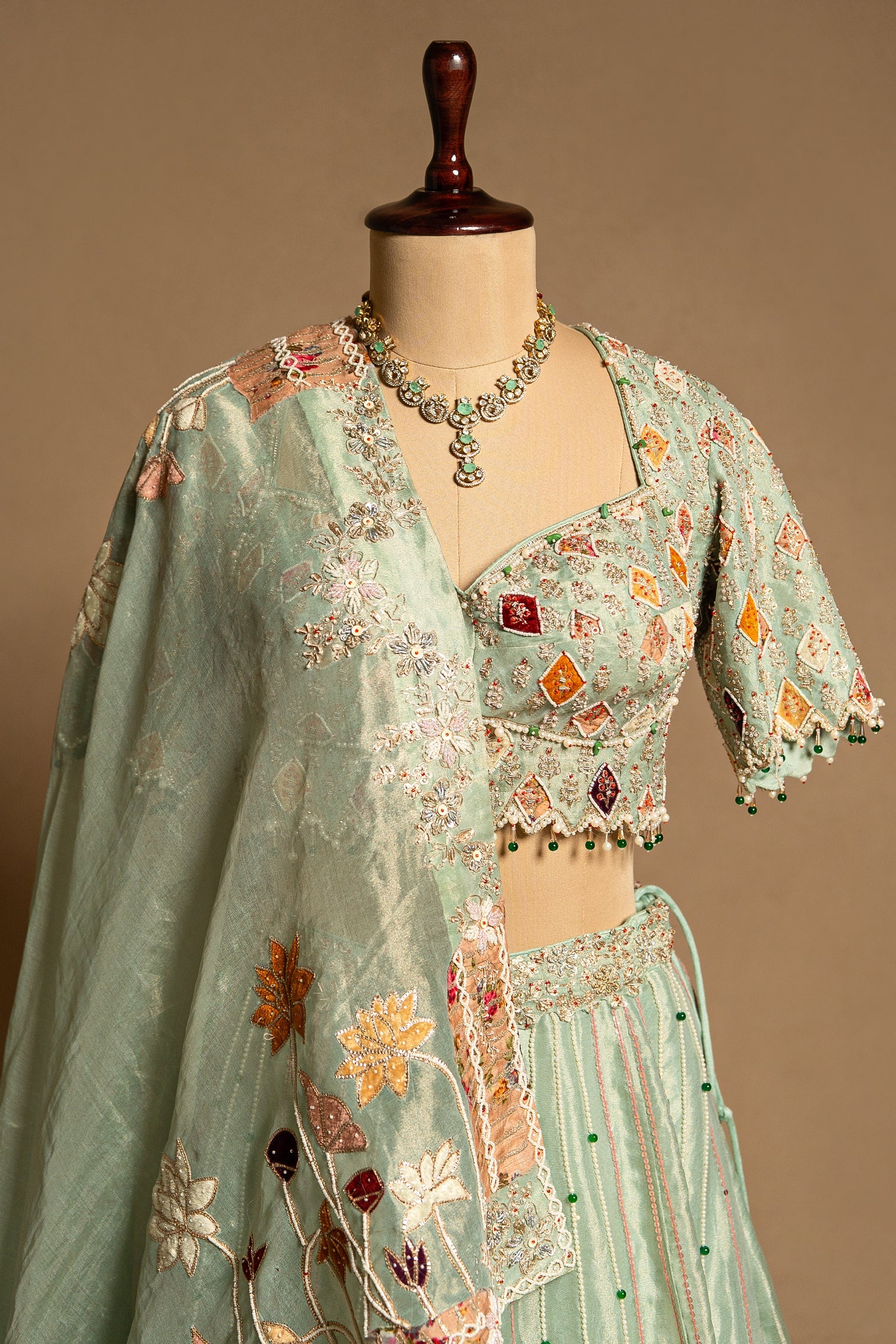 Aqua Green Tissue Designer Bead and Multi Thread Floral Work Lehenga - Image 4