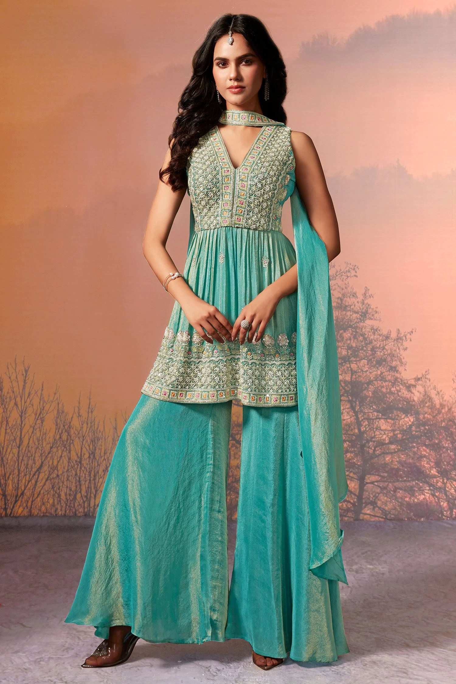 Aqua Green Tissue Silk Cutdana Worked Palazzo Suit - Image 2
