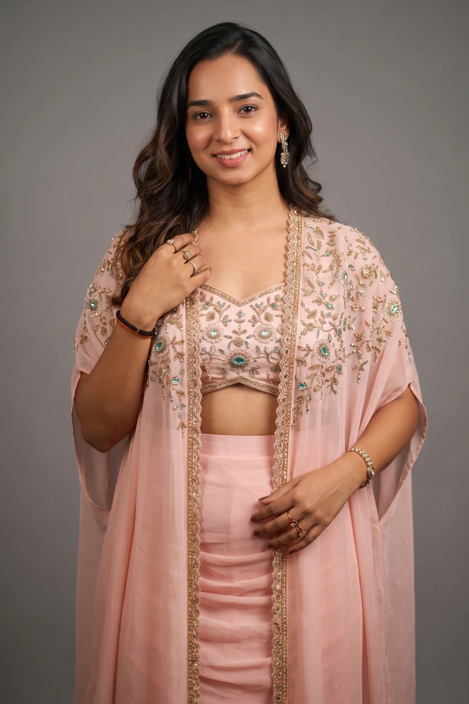 Baby Pink Silk Sequin Cutdana Crop Top Draped Skirt Set with Cape Jacket - Image 2