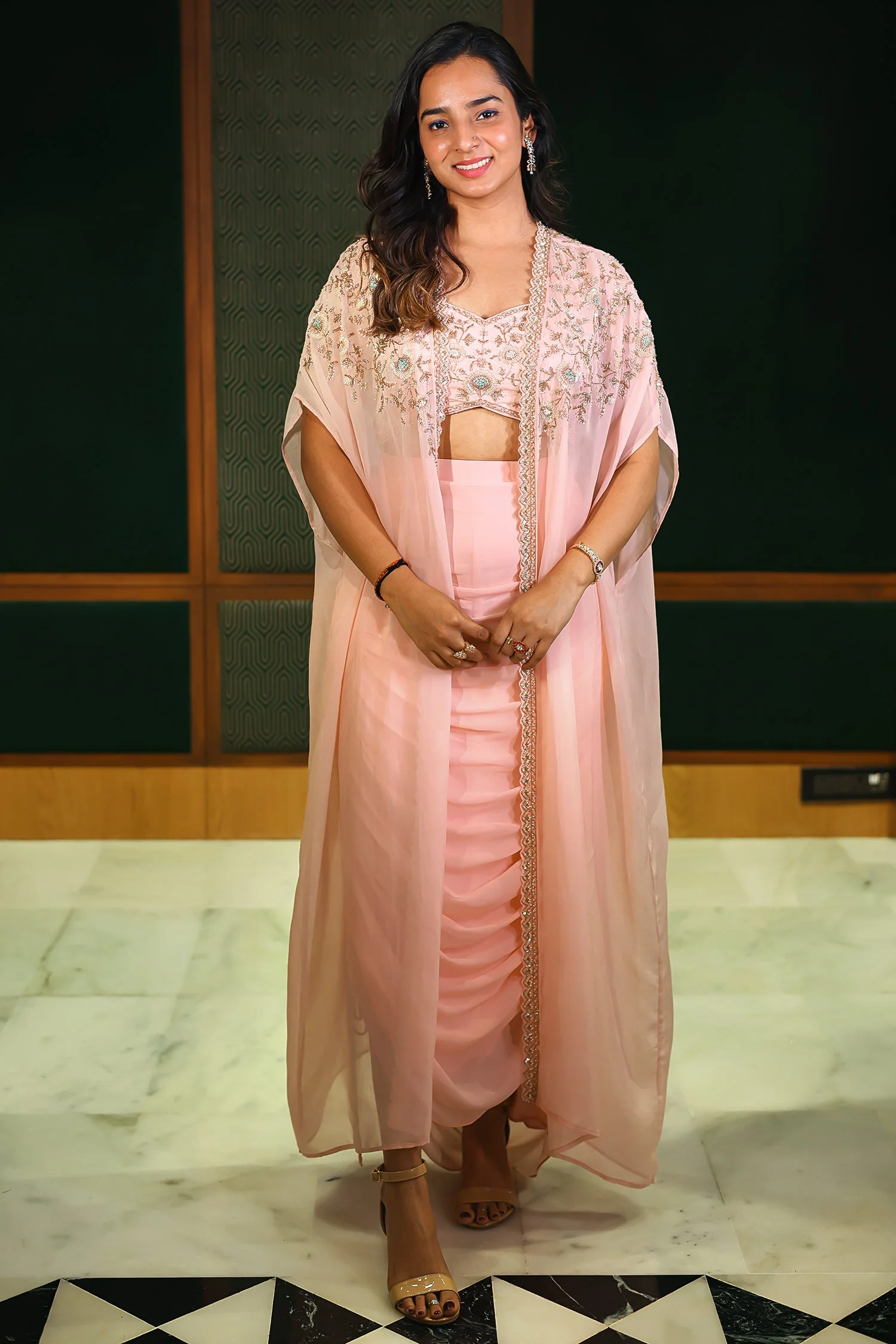 Baby Pink Silk Sequin Cutdana Crop Top Draped Skirt Set with Cape Jacket - Image 3