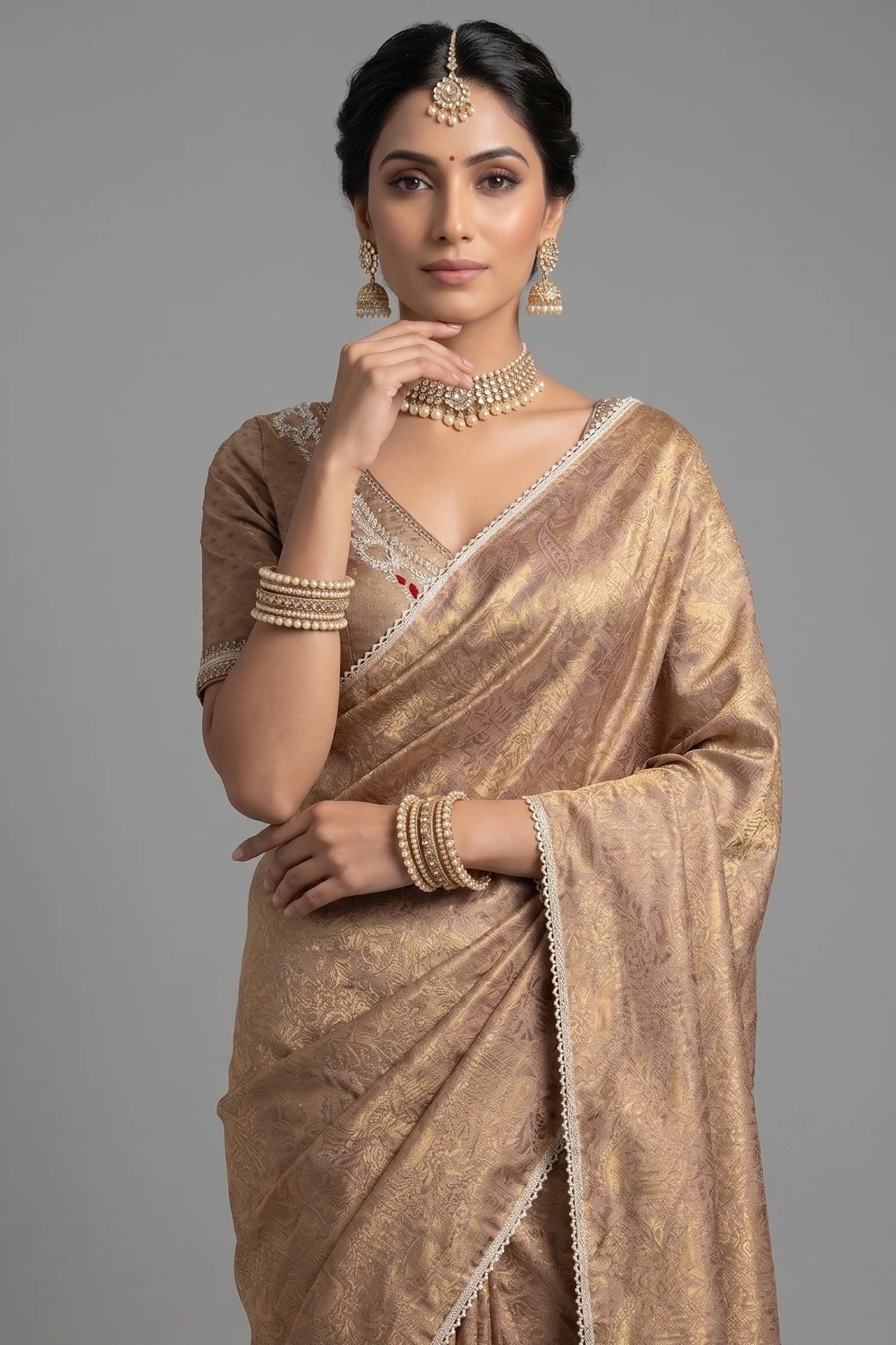 Beige and Golden Two Toned Woven Saree with Beaded V Neckline Readymade Blouse - Image 2