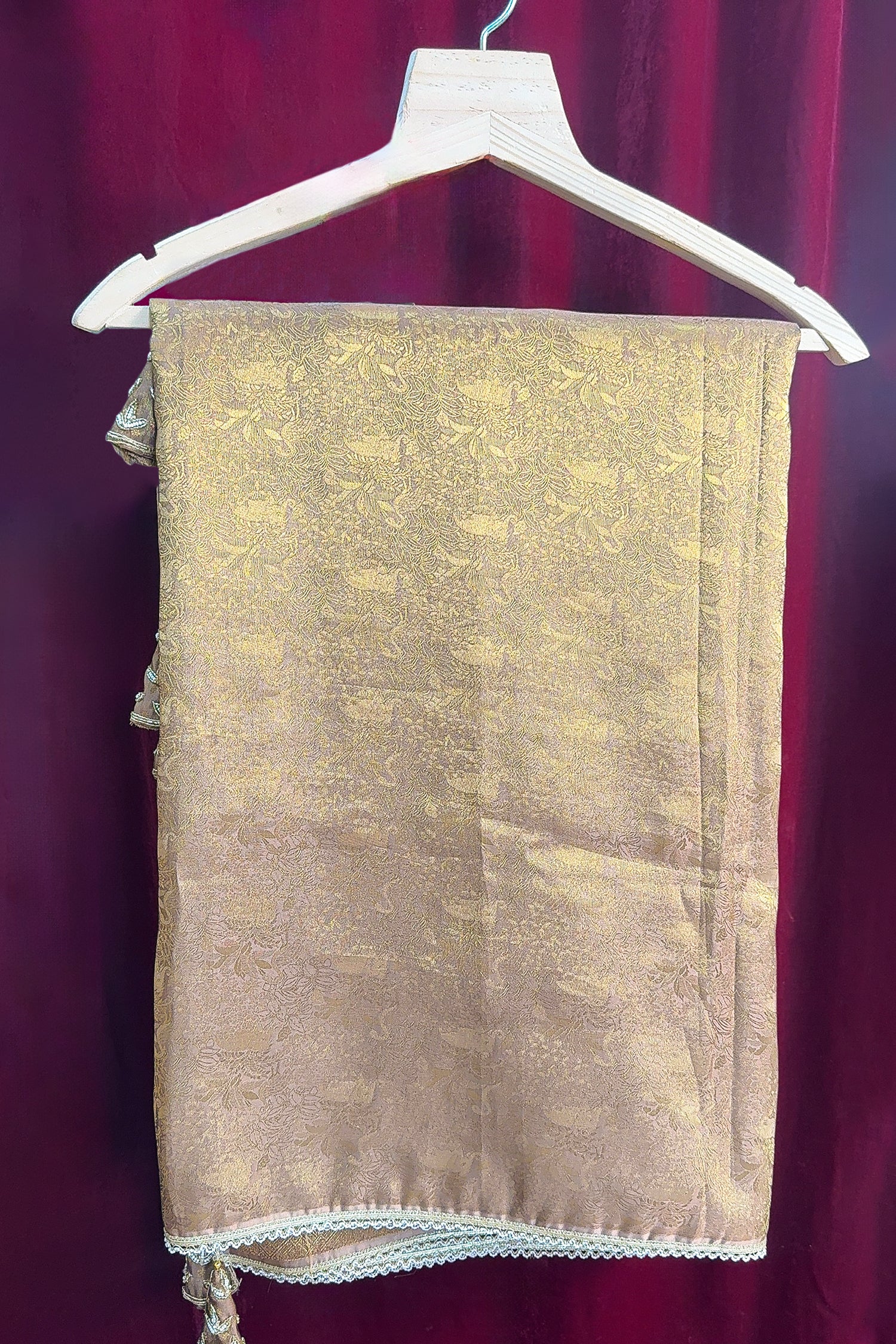Beige and Golden Two Toned Woven Saree with Beaded V Neckline Readymade Blouse - Image 4