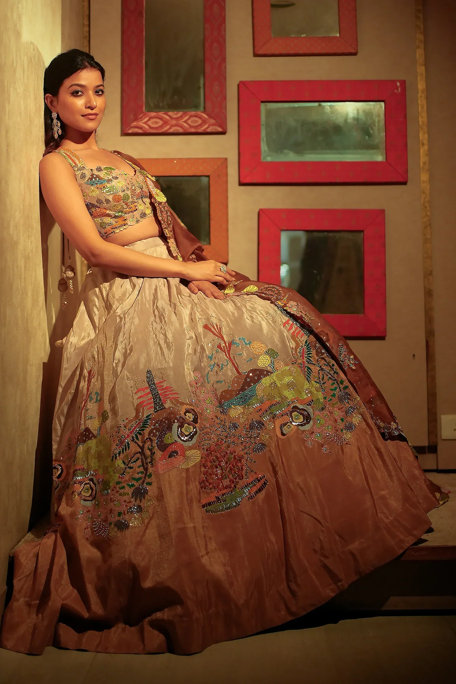 Beige and Mustard Lehenga with Embroidery and Cutdana Work in Silk - Image 2