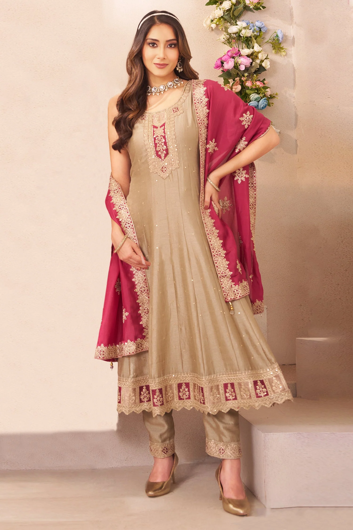Beige Art Silk Anarkali Suit with Sequin Embroidery Work - Image 2