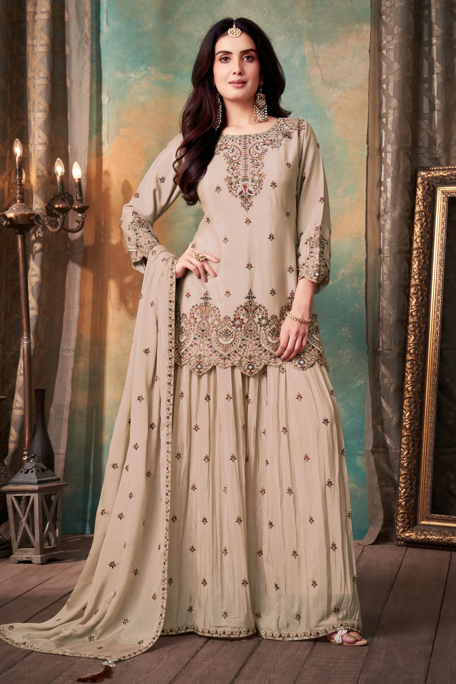 Beige Chinon Embroidered and Sequin Worked Palazzo Suit - Image 3