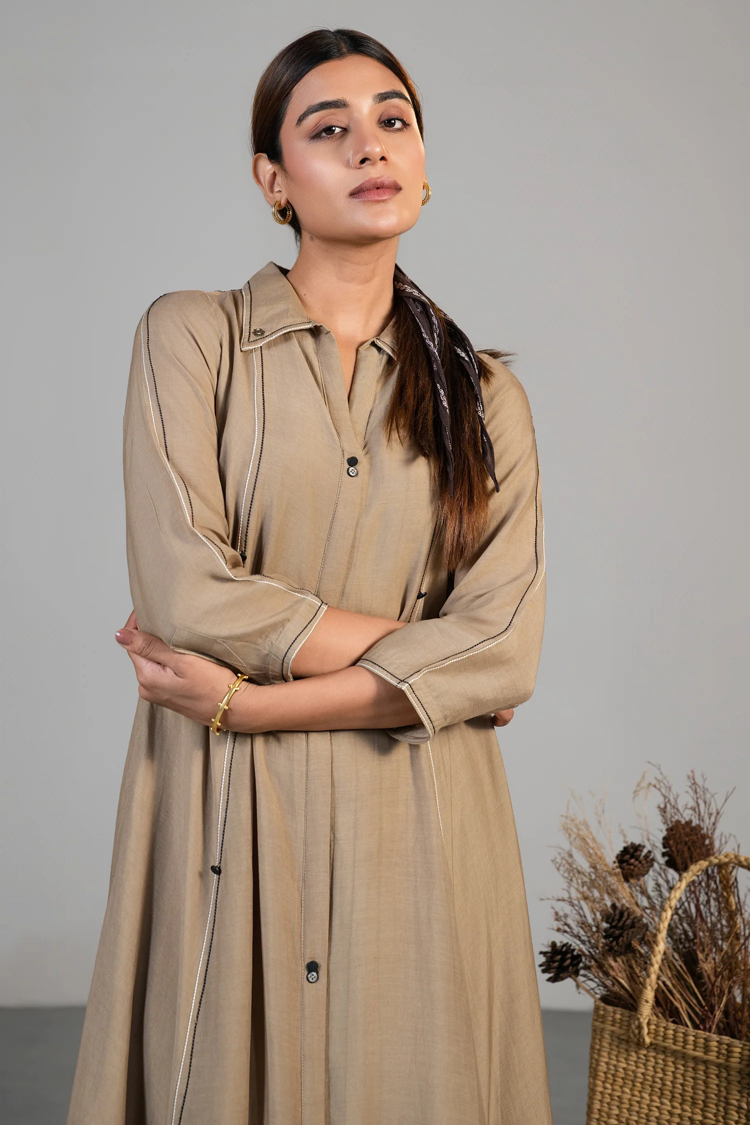 Beige Cotton Silk Dress - Image 3