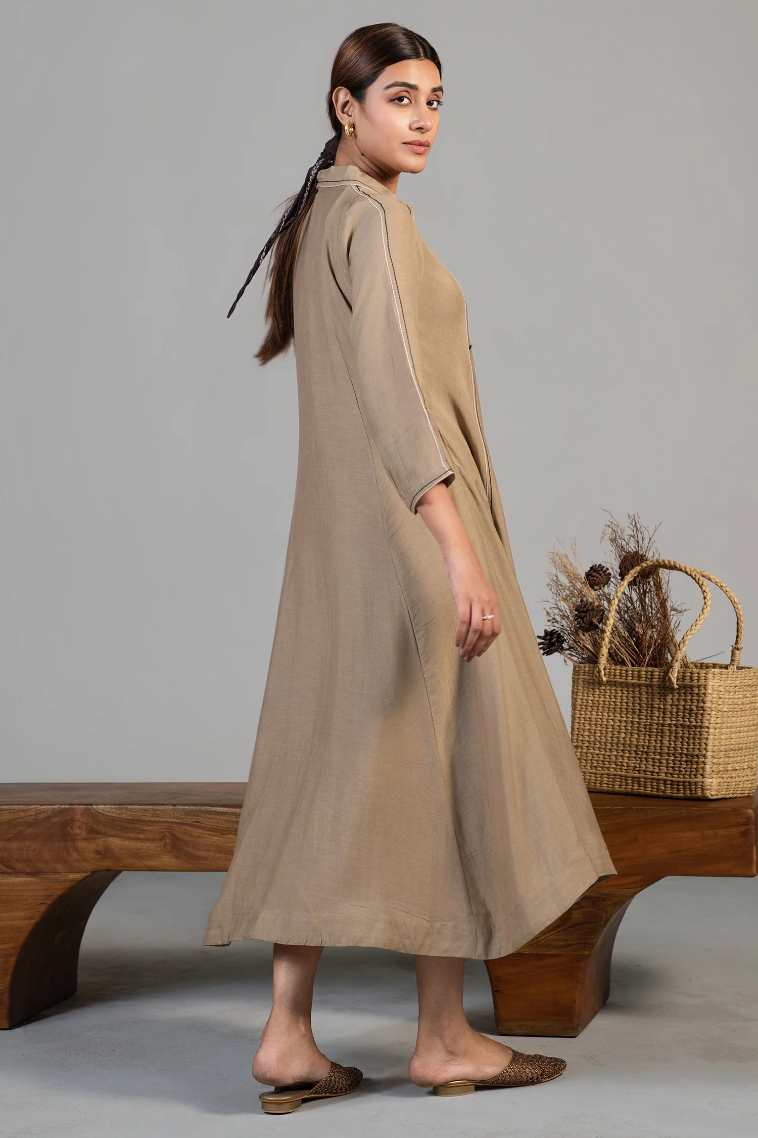 Beige Cotton Silk Dress - Image 4