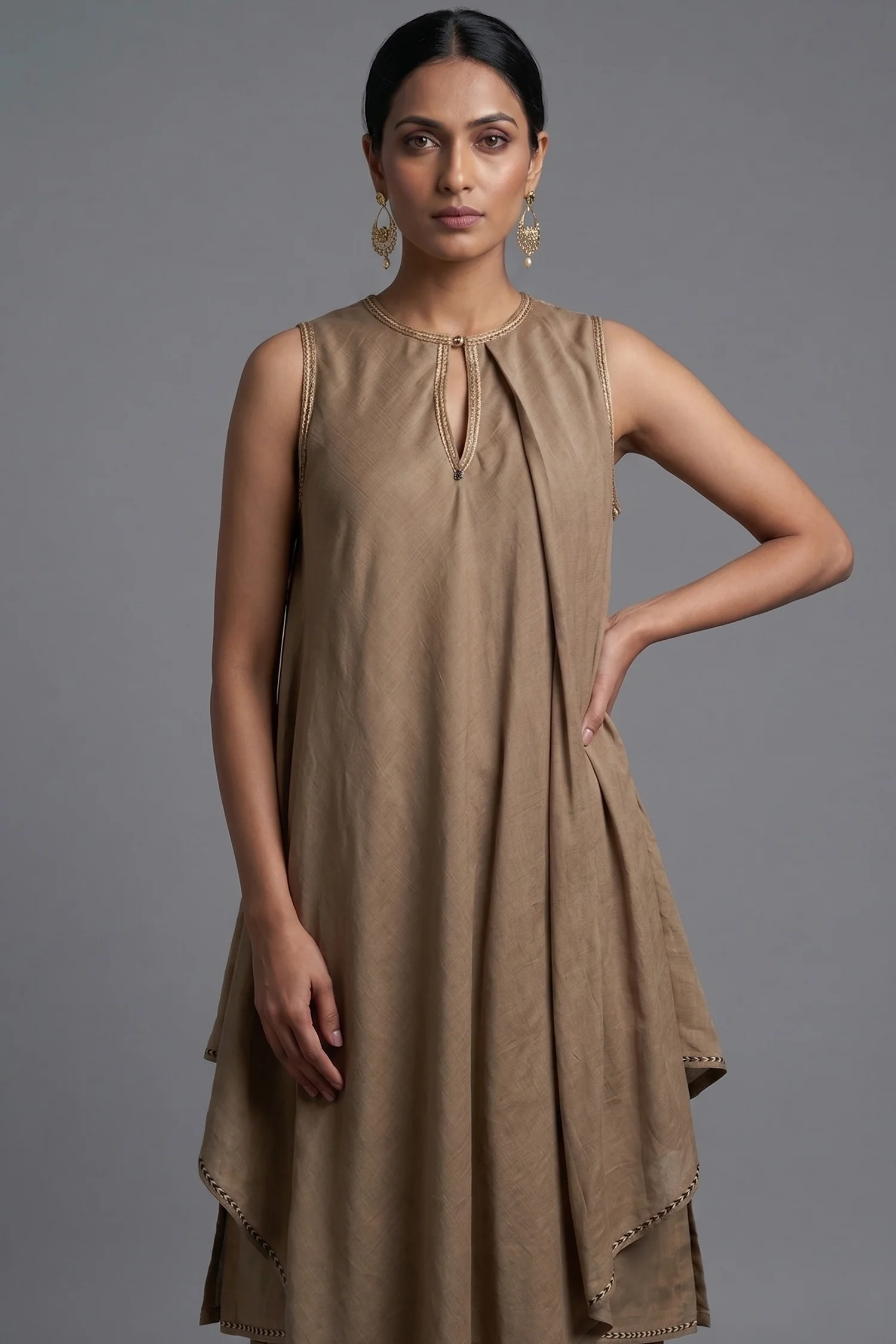 Beige Cotton Silk Solid Co-Ord Set - Image 2