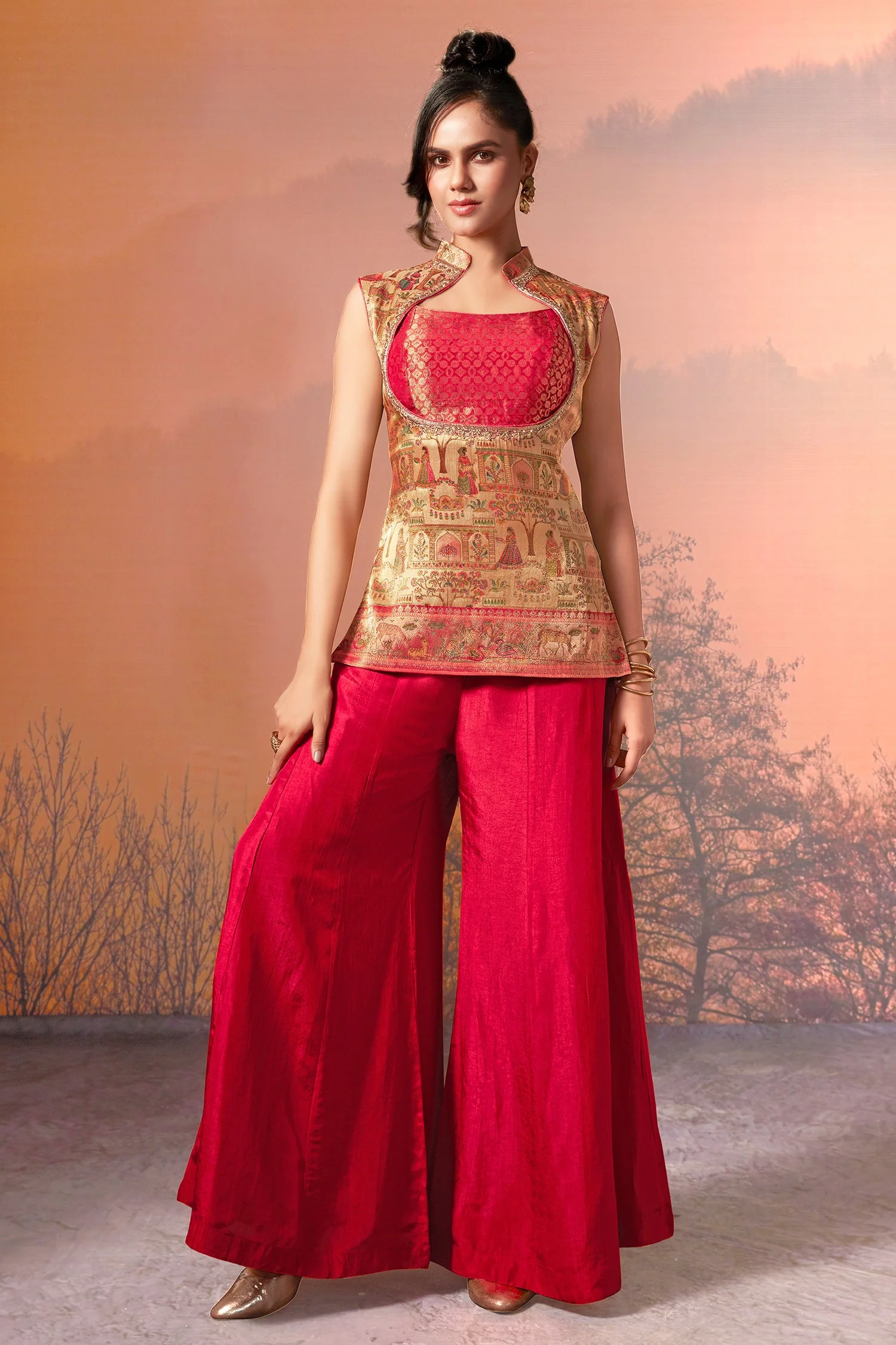 Beige Dola Silk Printed Straight Cut Palazzo Suit - Image 2