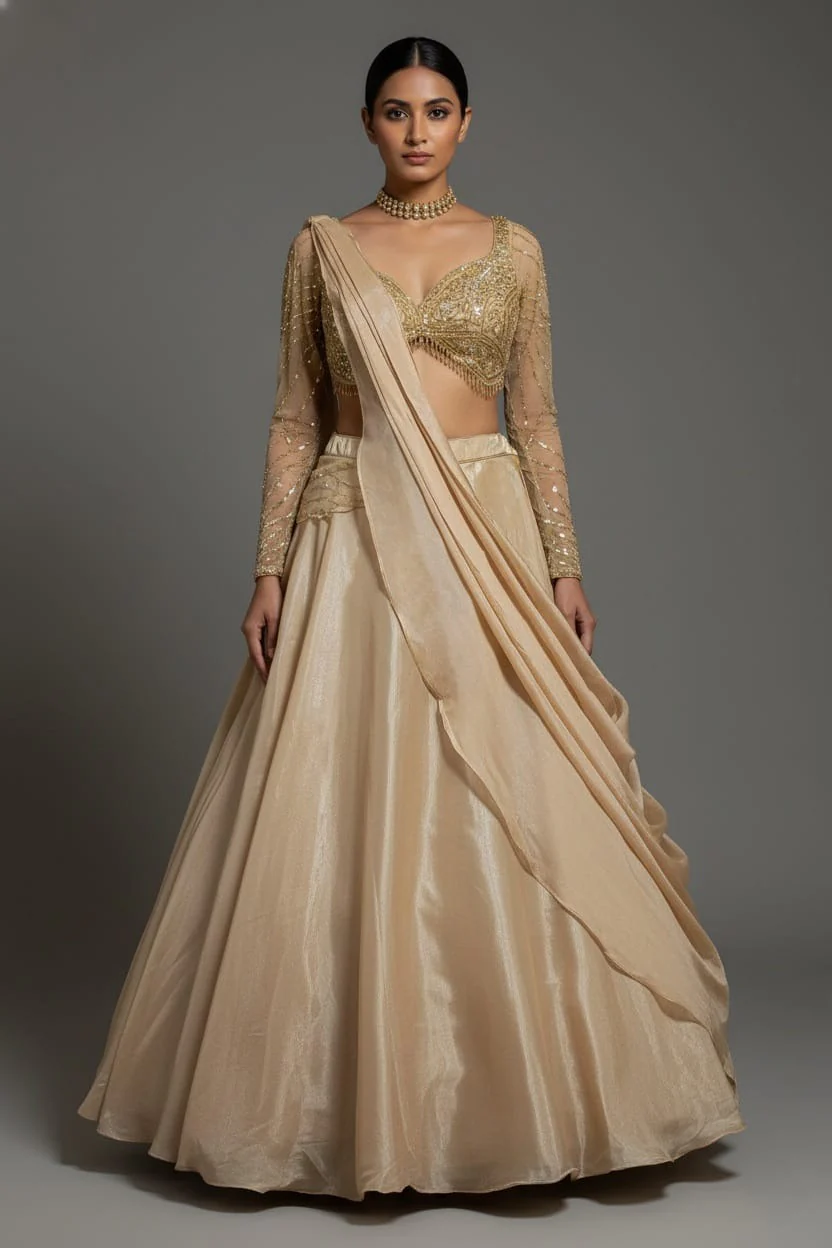 Beige Glass Tissue Handworked Crop Top Lehenga with Attached Dupatta