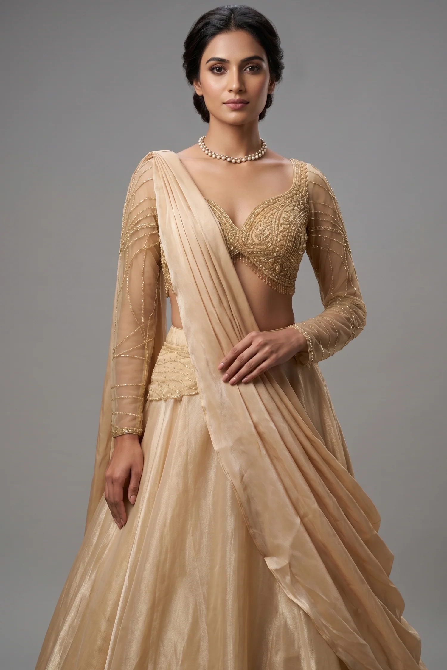 Beige Glass Tissue Handworked Crop Top Lehenga with Attached Dupatta - Image 2