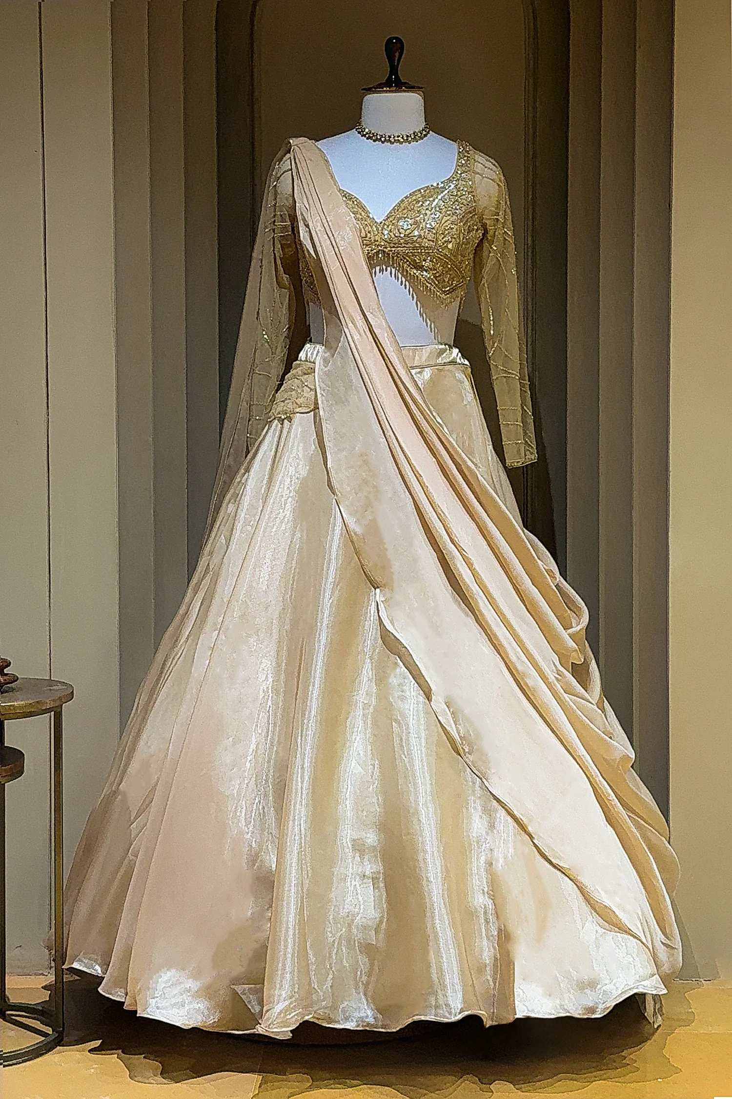 Beige Glass Tissue Handworked Crop Top Lehenga with Attached Dupatta - Image 3