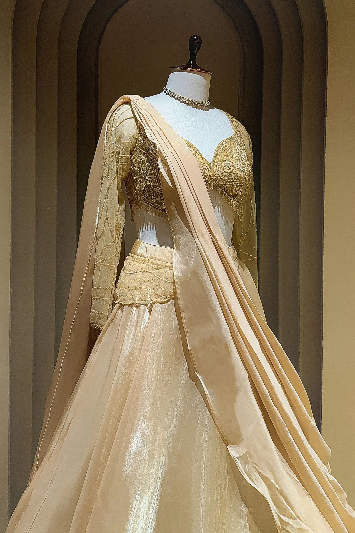 Beige Glass Tissue Handworked Crop Top Lehenga with Attached Dupatta - Image 4