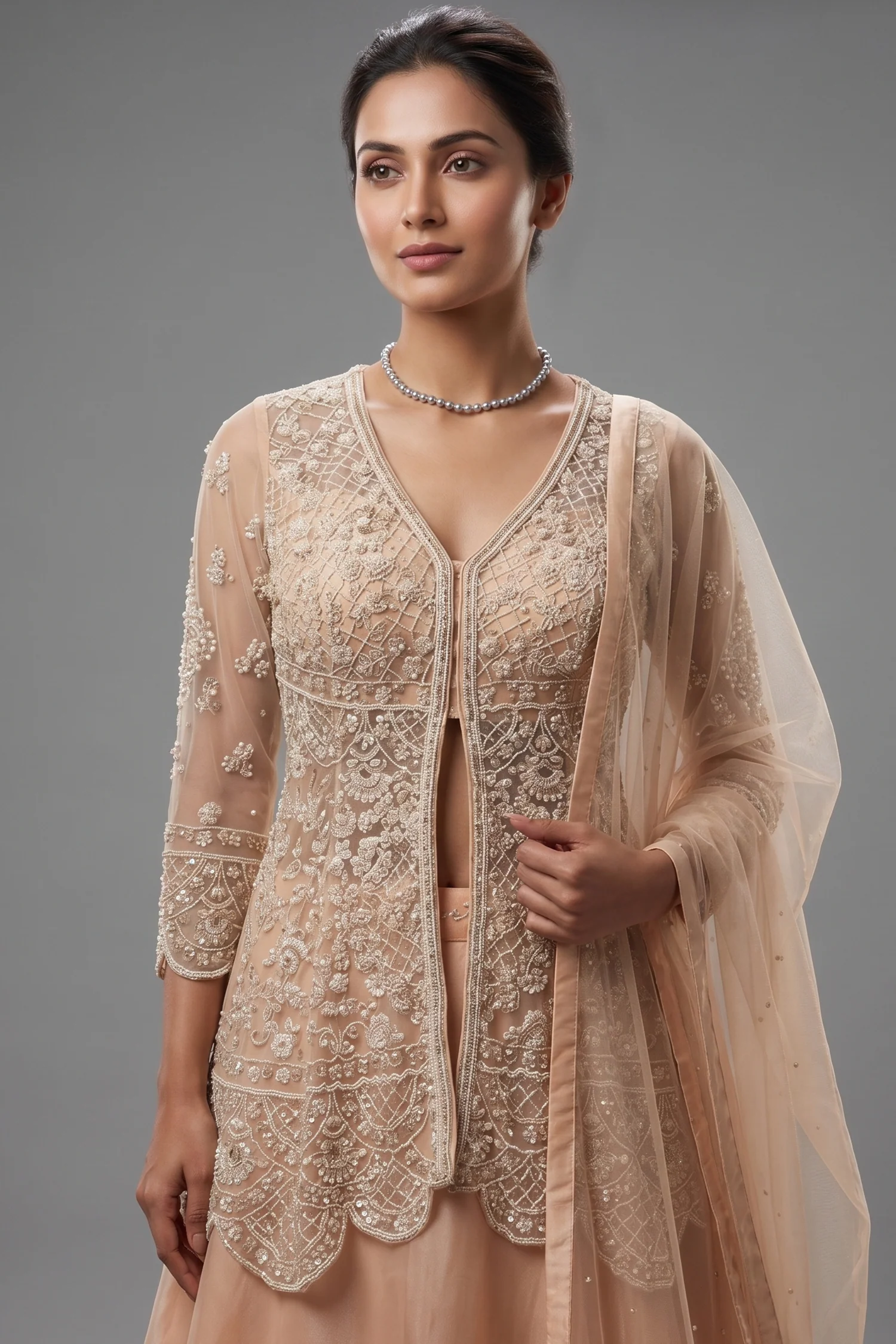 Beige Net Embellished Sequin Cutdana Worked Slit Cut Peplum Top with Lehenga - Image 2