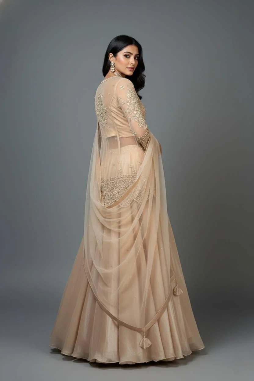 Beige Net Embellished Sequin Cutdana Worked Slit Cut Peplum Top with Lehenga - Image 3