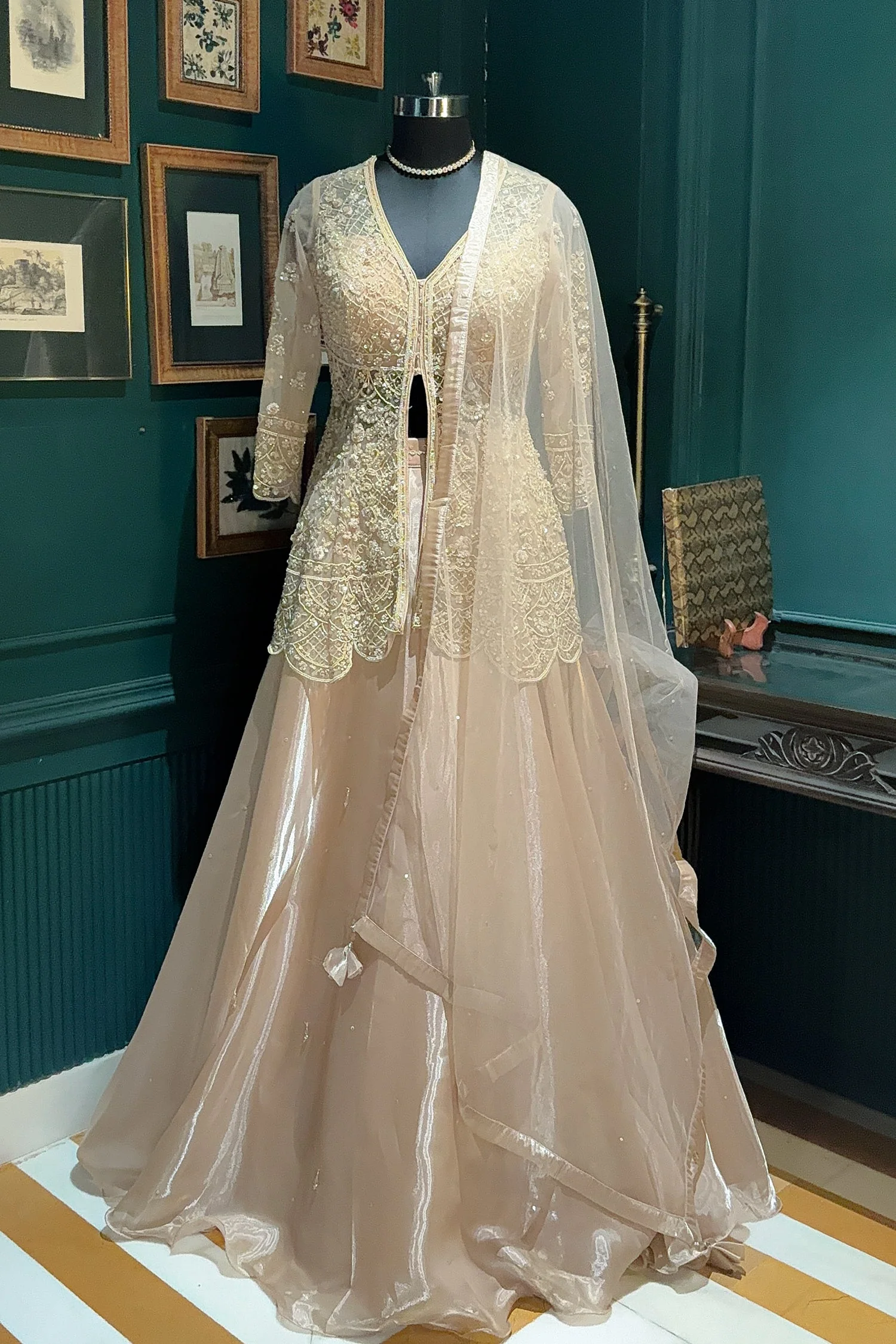 Beige Net Embellished Sequin Cutdana Worked Slit Cut Peplum Top with Lehenga - Image 4