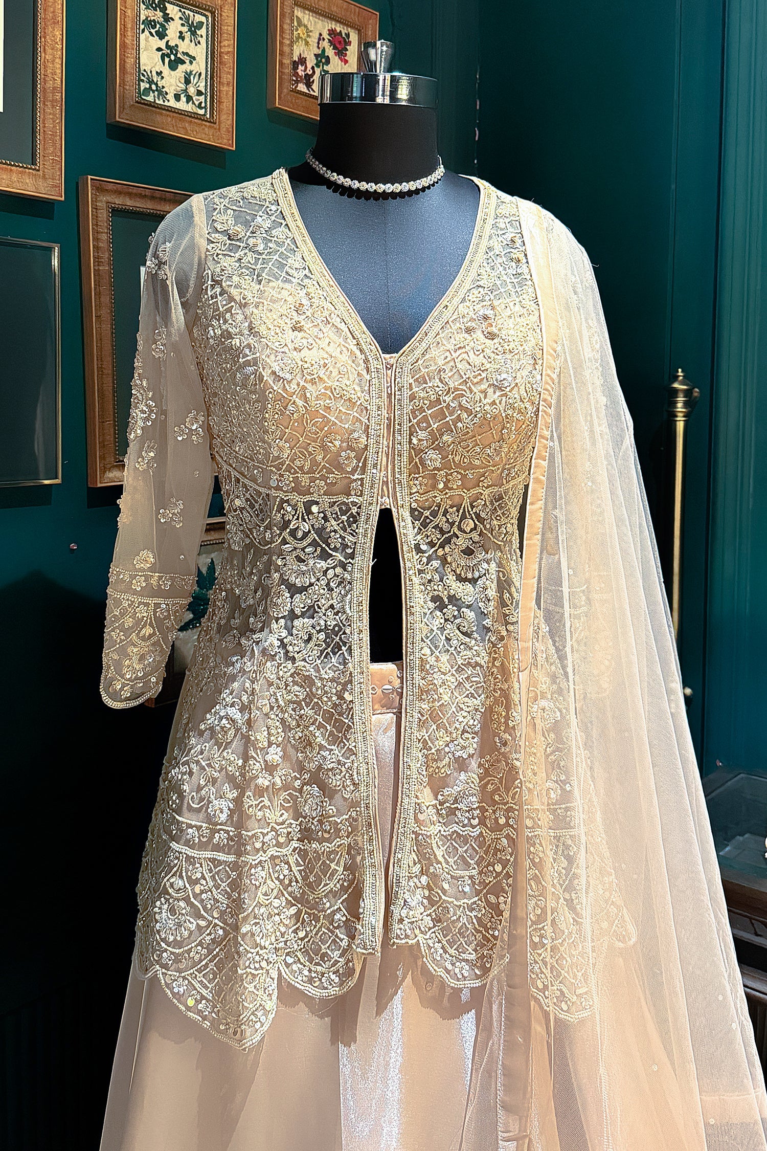 Beige Net Embellished Sequin Cutdana Worked Slit Cut Peplum Top with Lehenga - Image 5