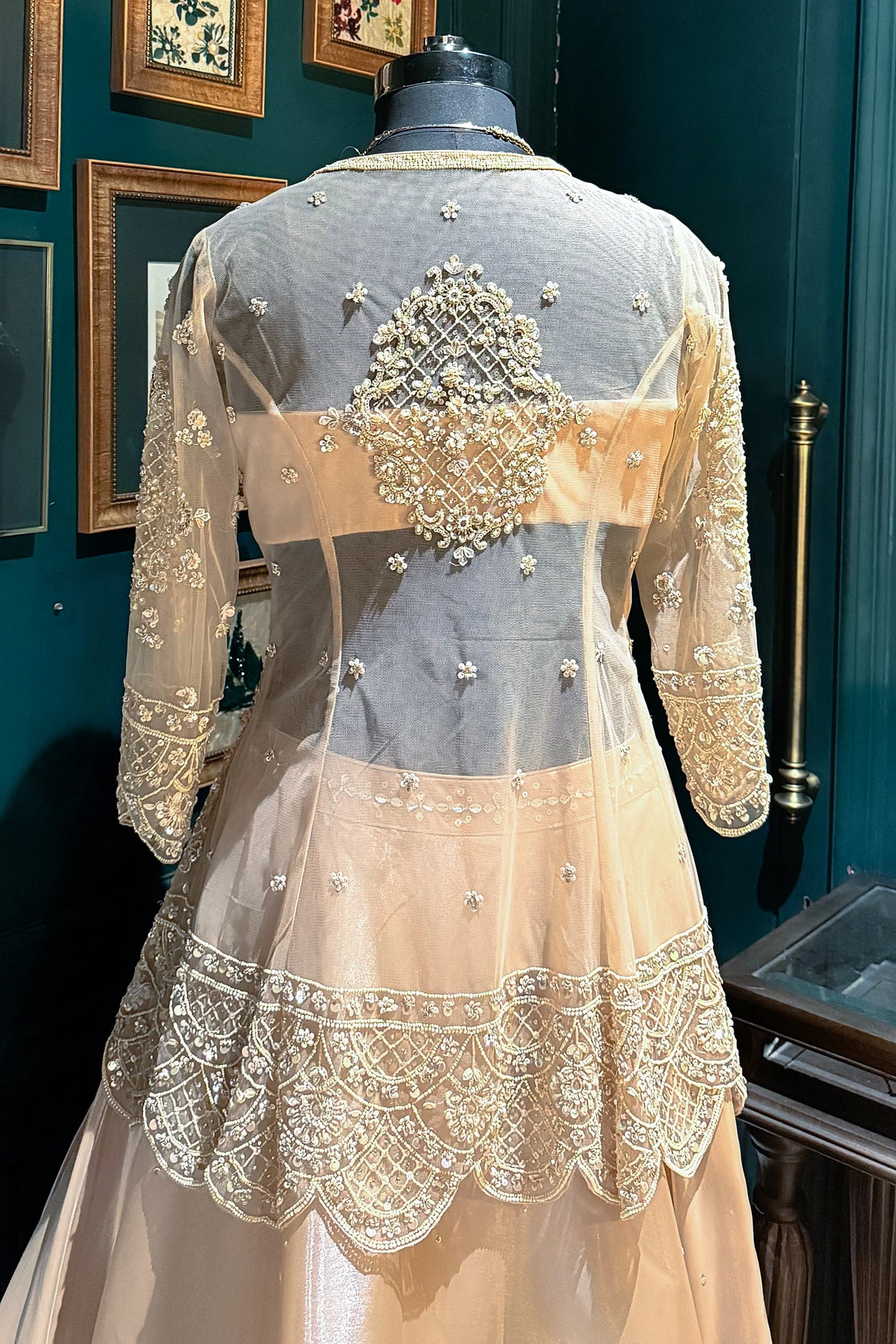 Beige Net Embellished Sequin Cutdana Worked Slit Cut Peplum Top with Lehenga - Image 6