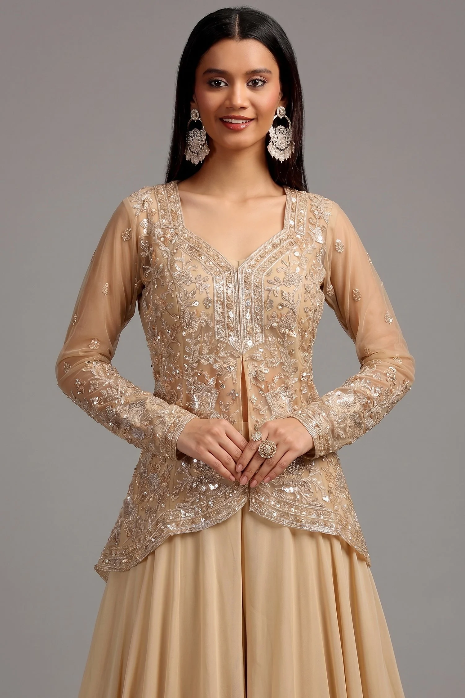 Beige Net Glass Tissue Organza Slit Cut Beaded Top and Palazzo Set - Image 2