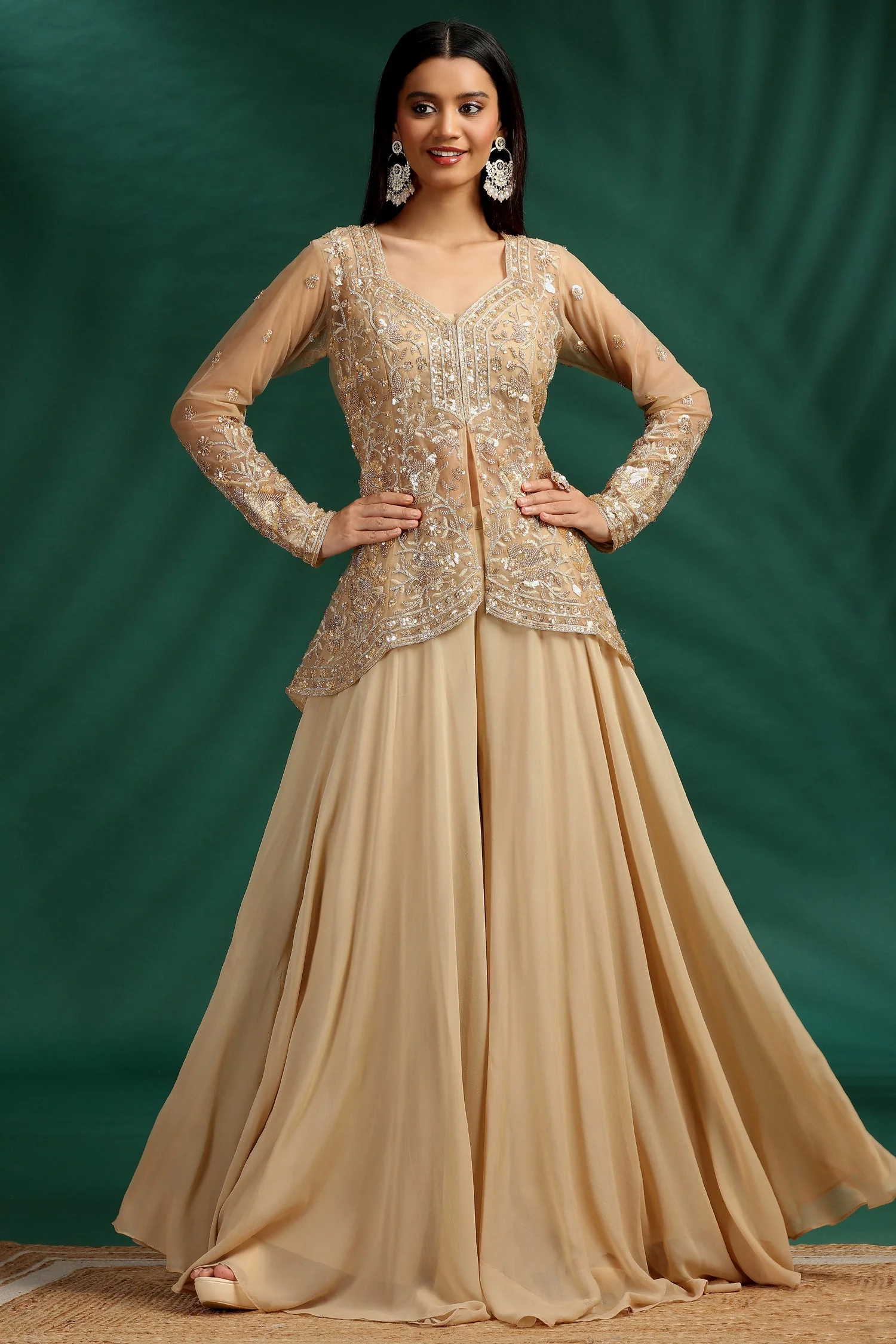 Beige Net Glass Tissue Organza Slit Cut Beaded Top and Palazzo Set - Image 3