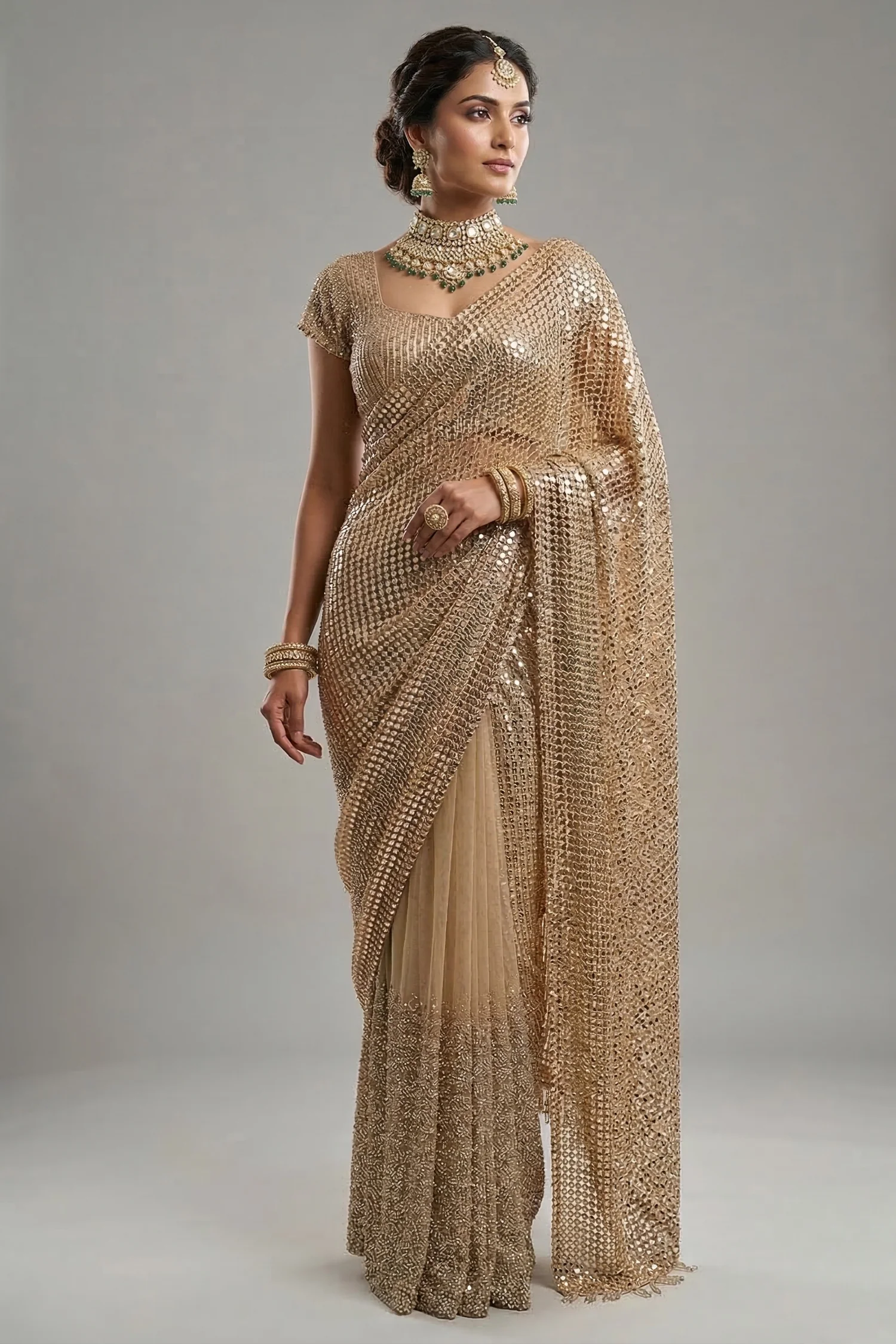 Beige Net Half and Half Designer Saree with Sequins and Cutdana Work