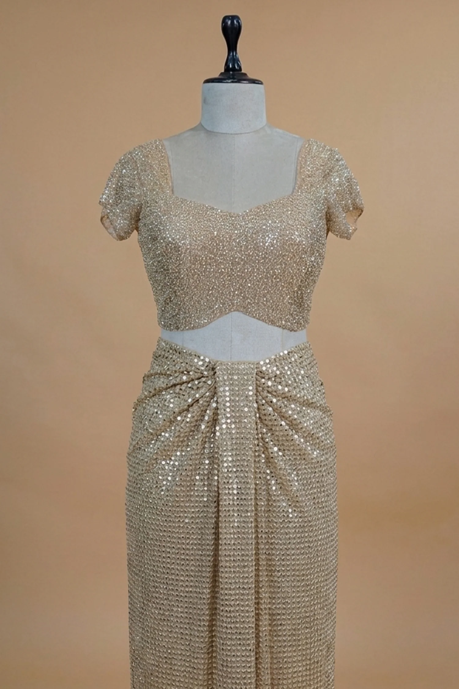 Beige Net Half and Half Designer Saree with Sequins and Cutdana Work - Image 5