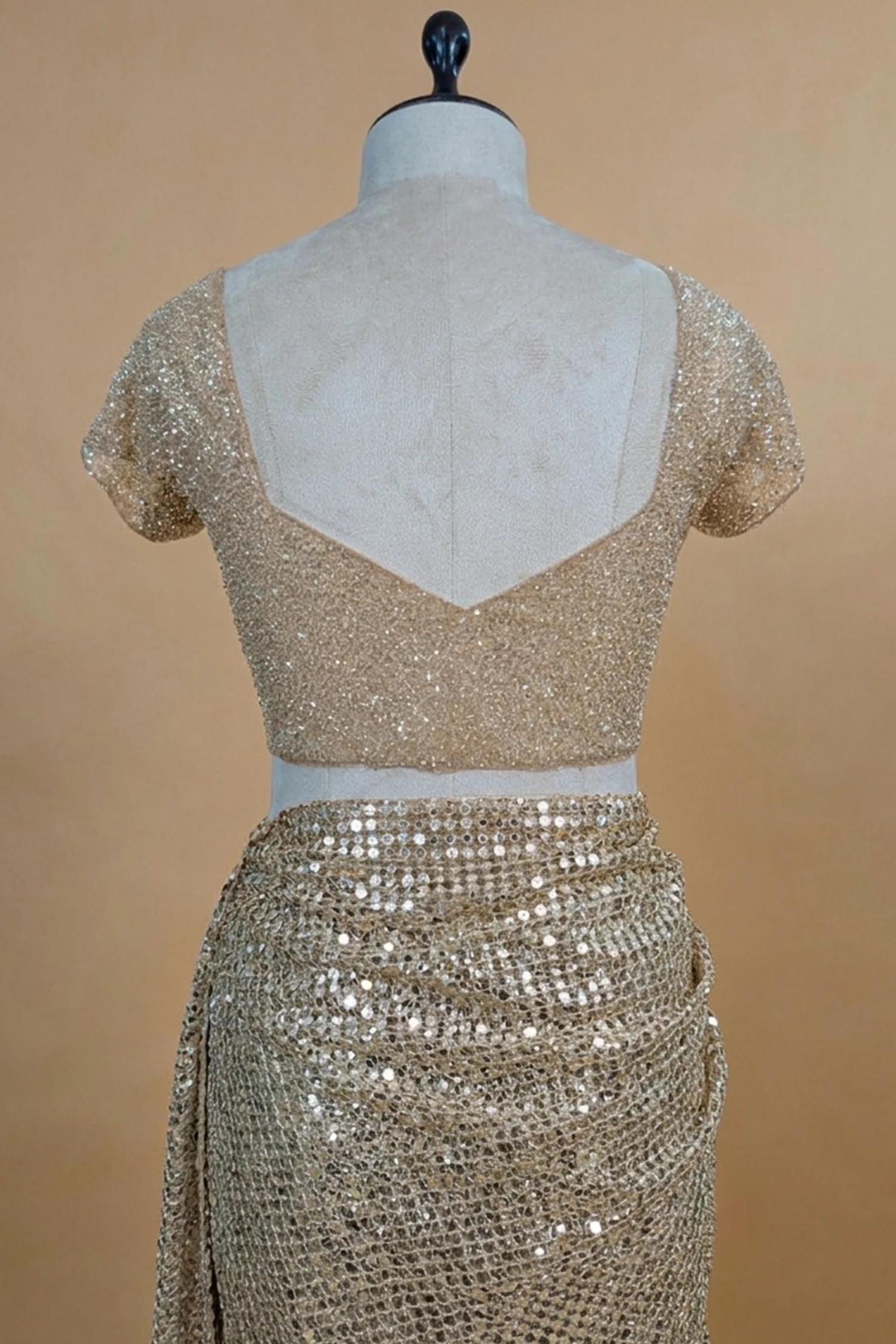 Beige Net Half and Half Designer Saree with Sequins and Cutdana Work - Image 6