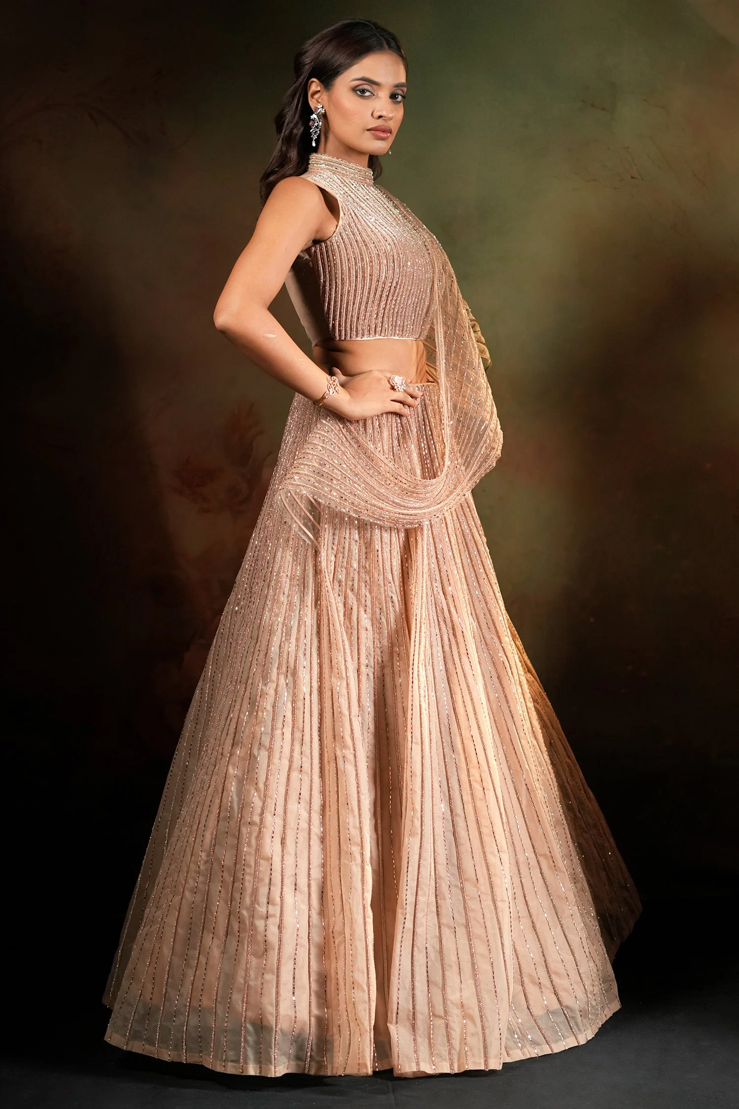 Beige Net High Neck Designer Metallic Stripe Lehenga Set with Attached Dupatta - Image 2