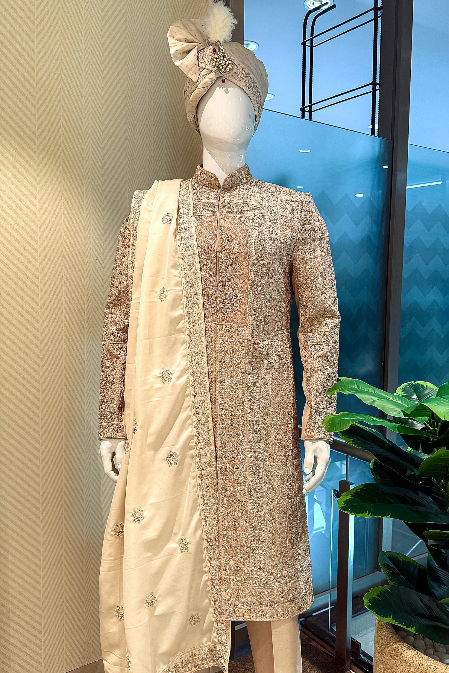 Beige Silk Embroidered Sherwani - Image 2