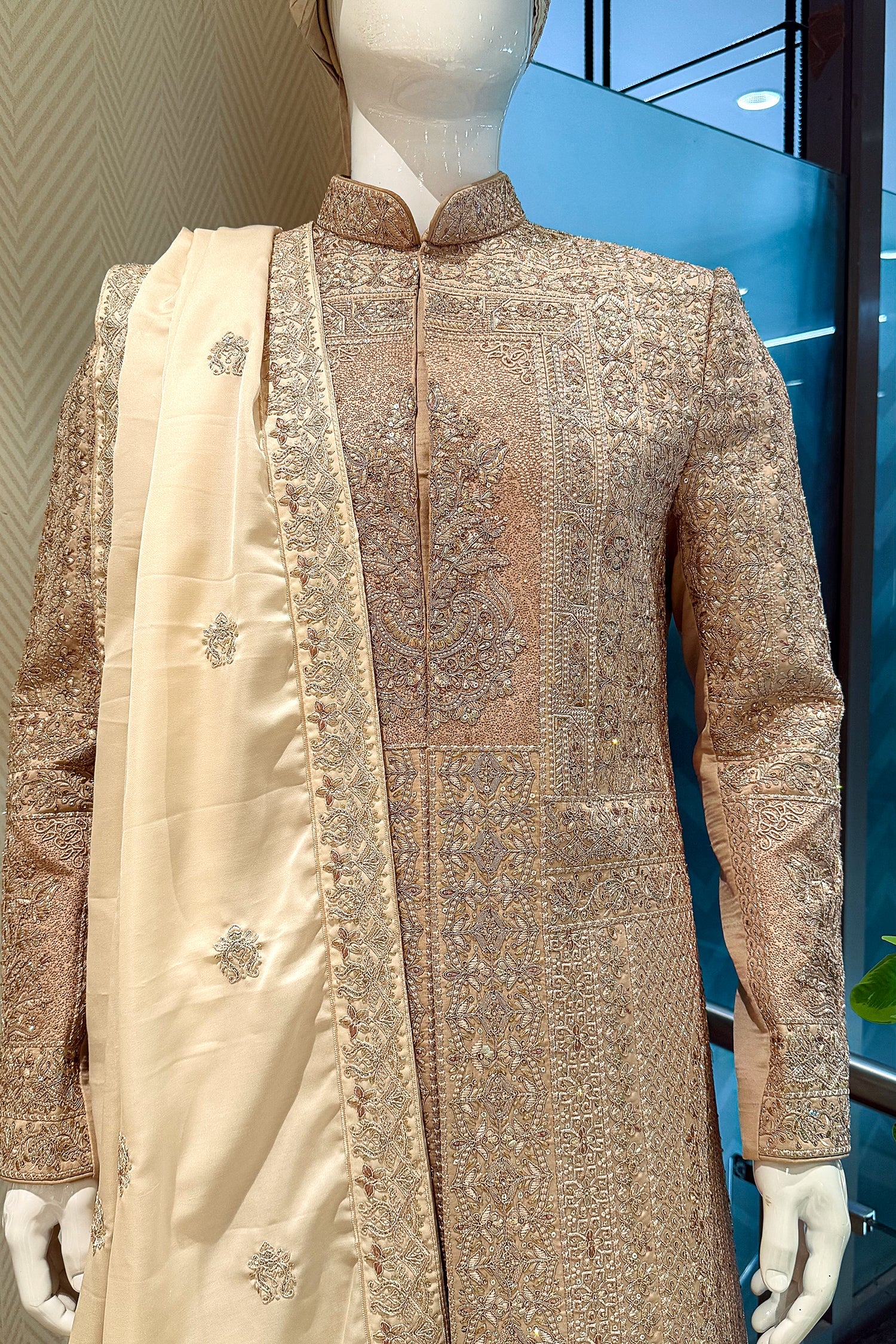 Beige Silk Embroidered Sherwani - Image 3