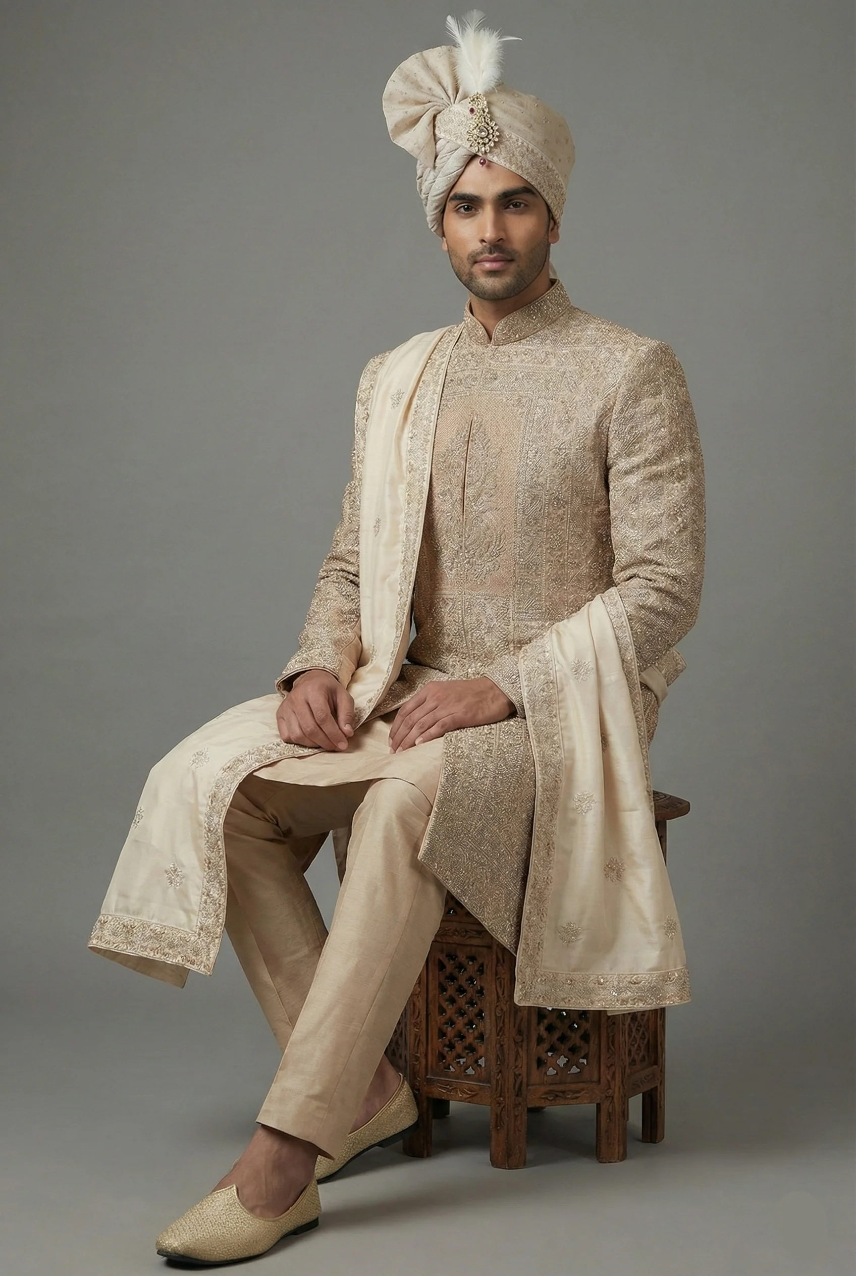 Beige Silk Embroidered Sherwani - Image 4