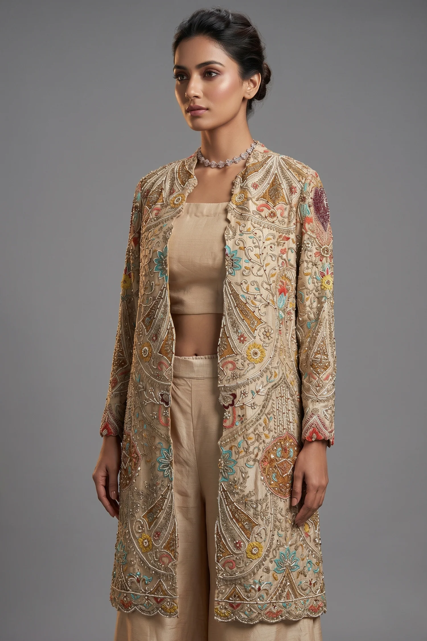 Beige Silk Handworked Indo Western Set - Image 2