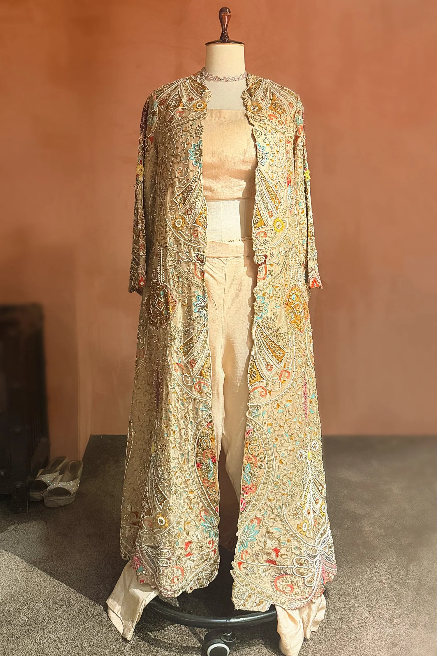 Beige Silk Handworked Indo Western Set - Image 3