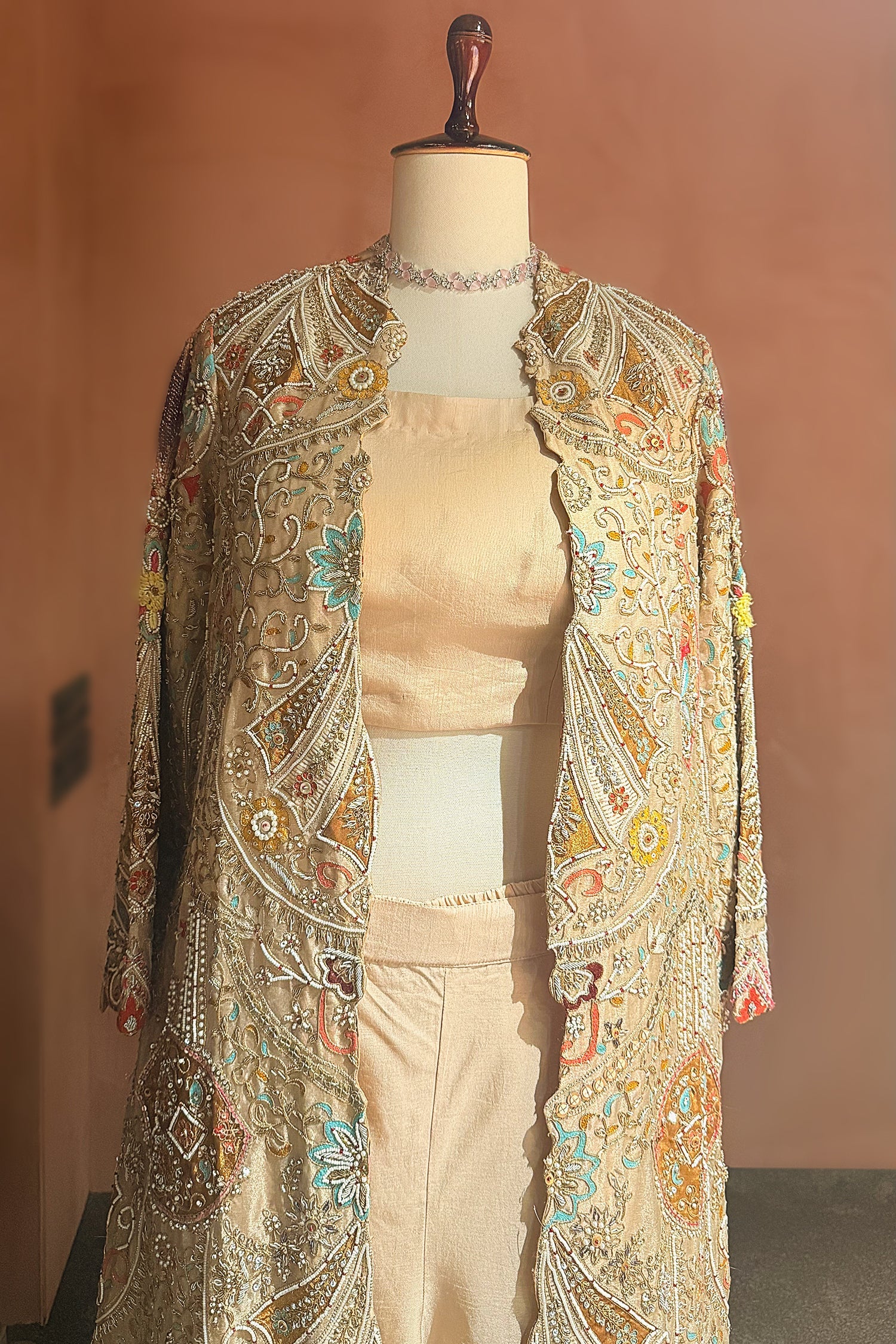 Beige Silk Handworked Indo Western Set - Image 4