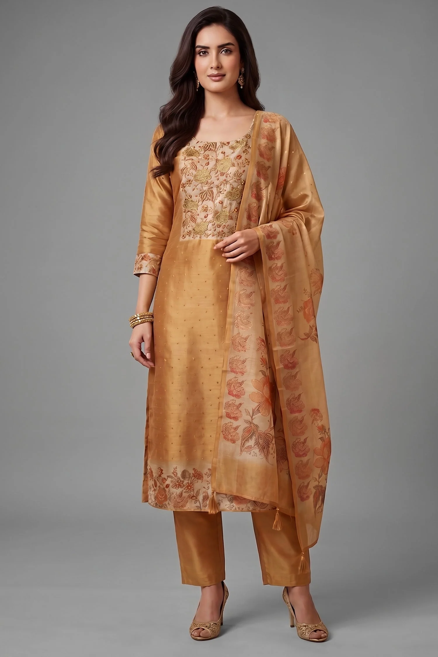 Beige Tissue Embroidered Straight Cut Suit