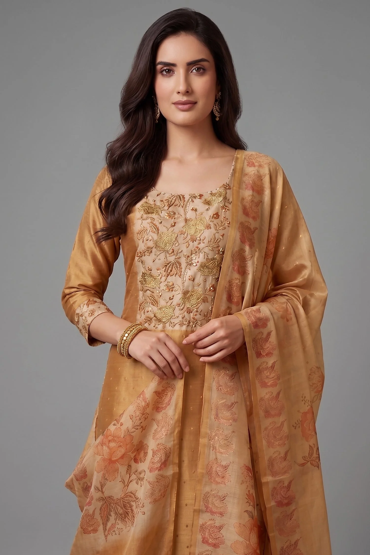 Beige Tissue Embroidered Straight Cut Suit - Image 2