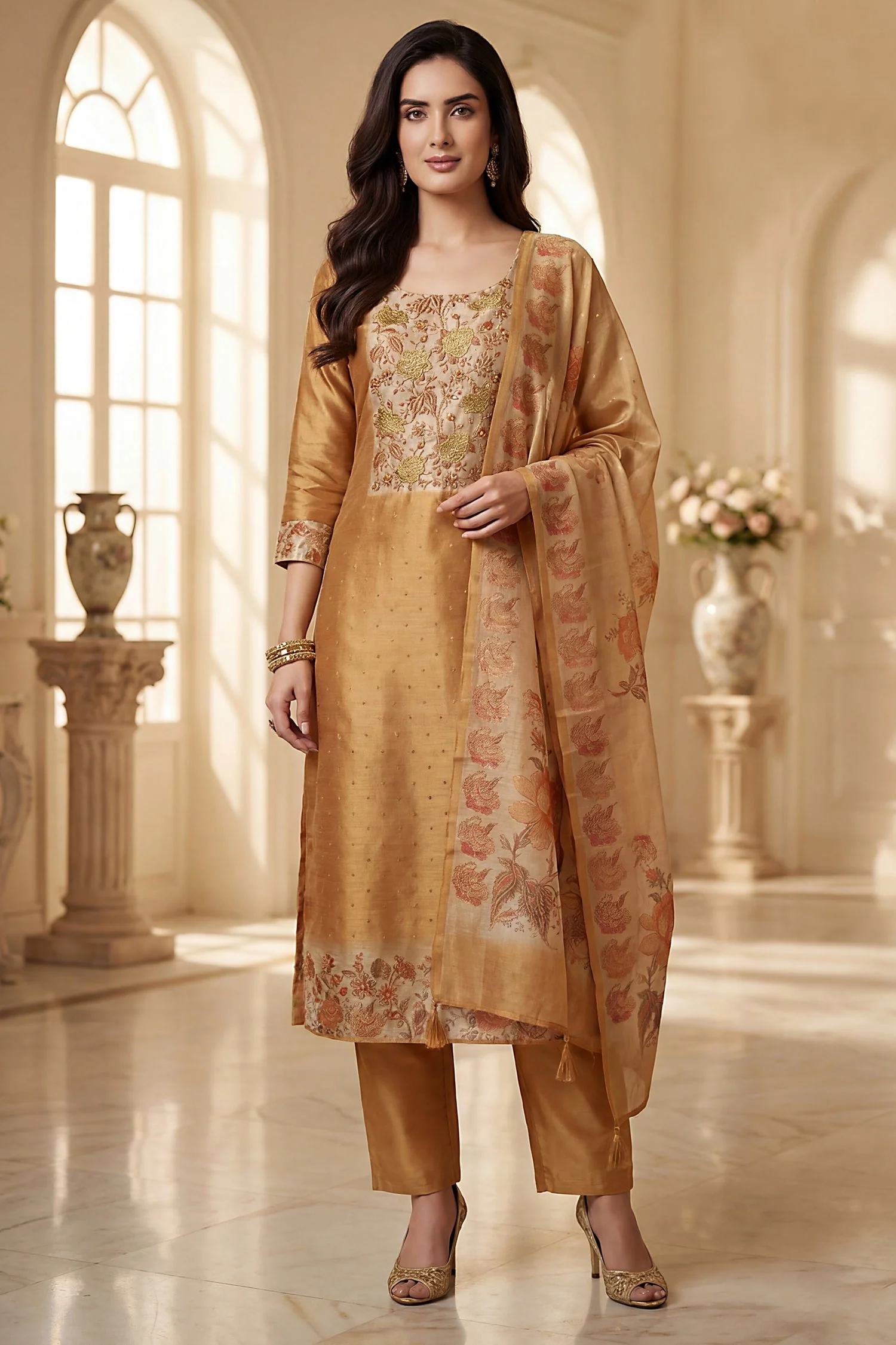 Beige Tissue Embroidered Straight Cut Suit - Image 3