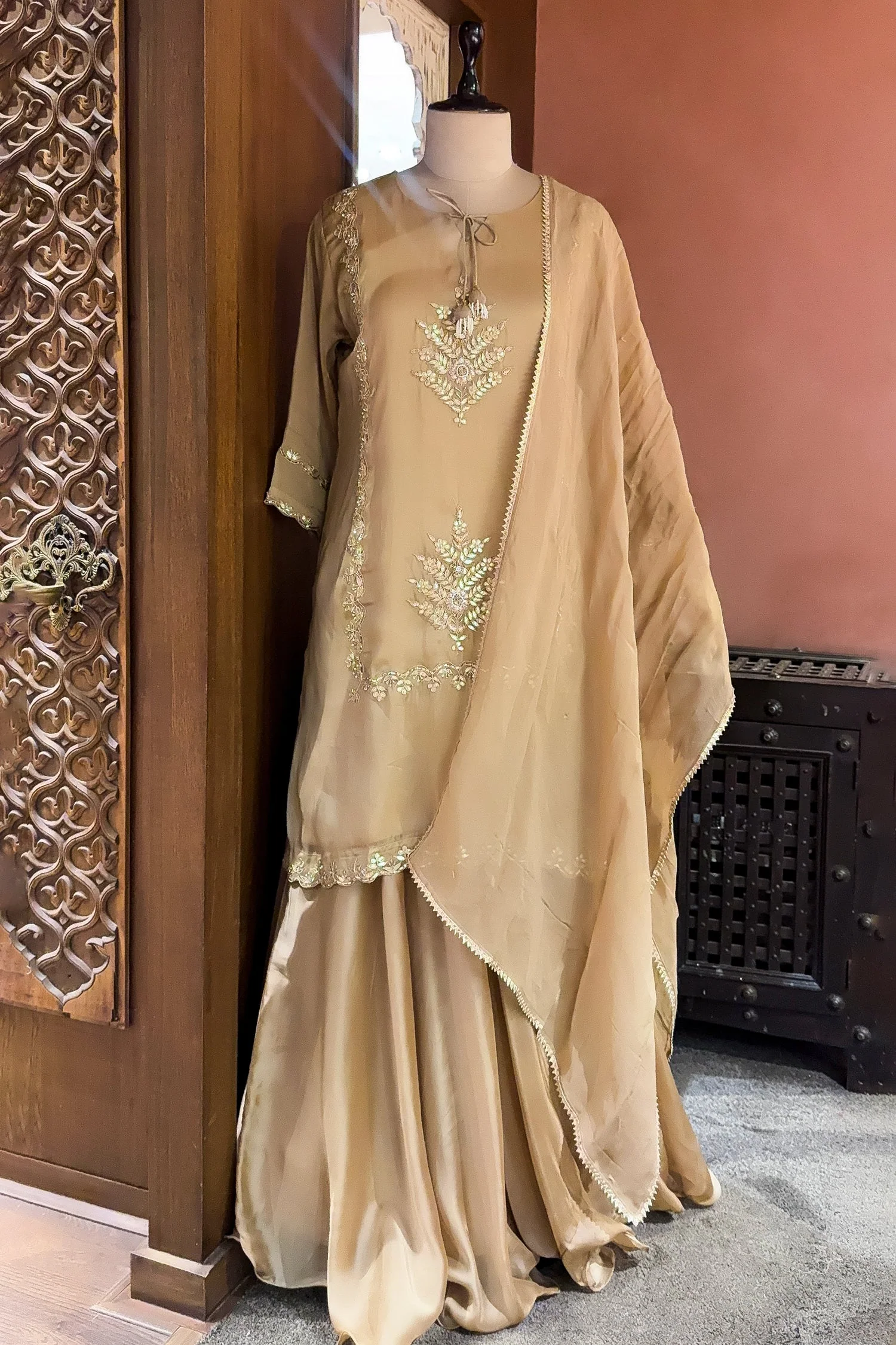 Beige Tissue Gota Worked Palazzo Suit - Image 2