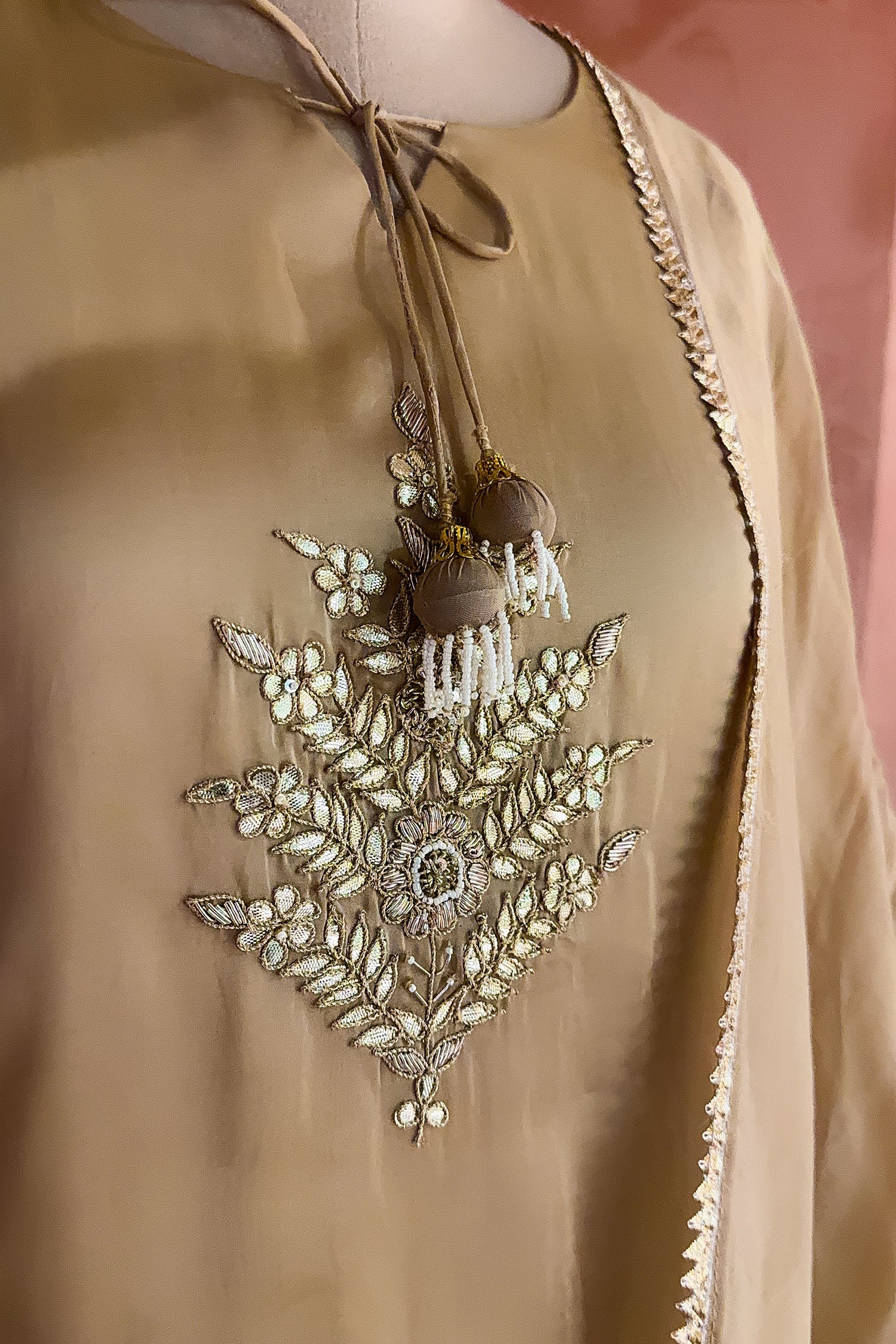 Beige Tissue Gota Worked Palazzo Suit - Image 3