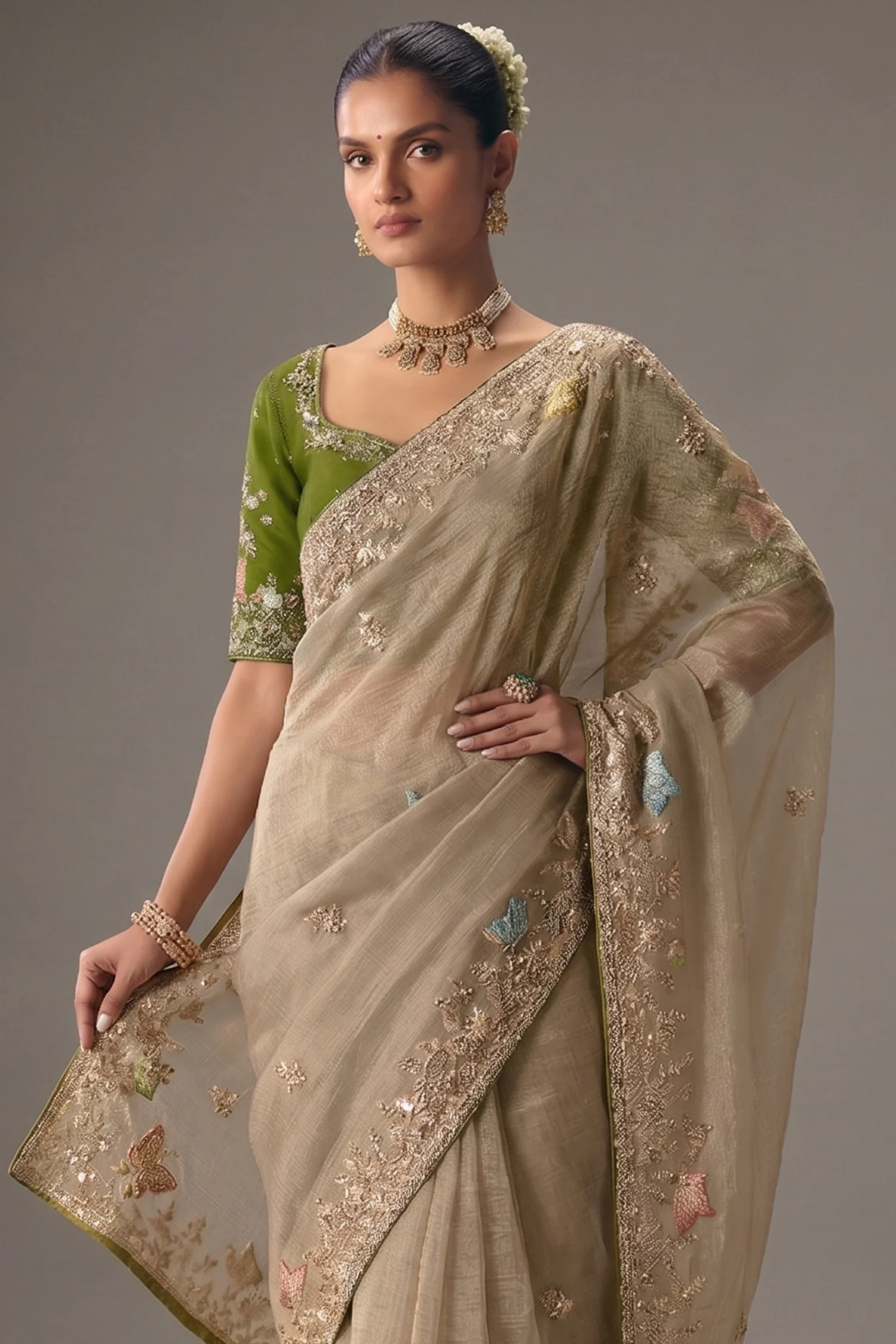 Beige Viscose Chiffon Saree With Elegant Embroidery - Image 2