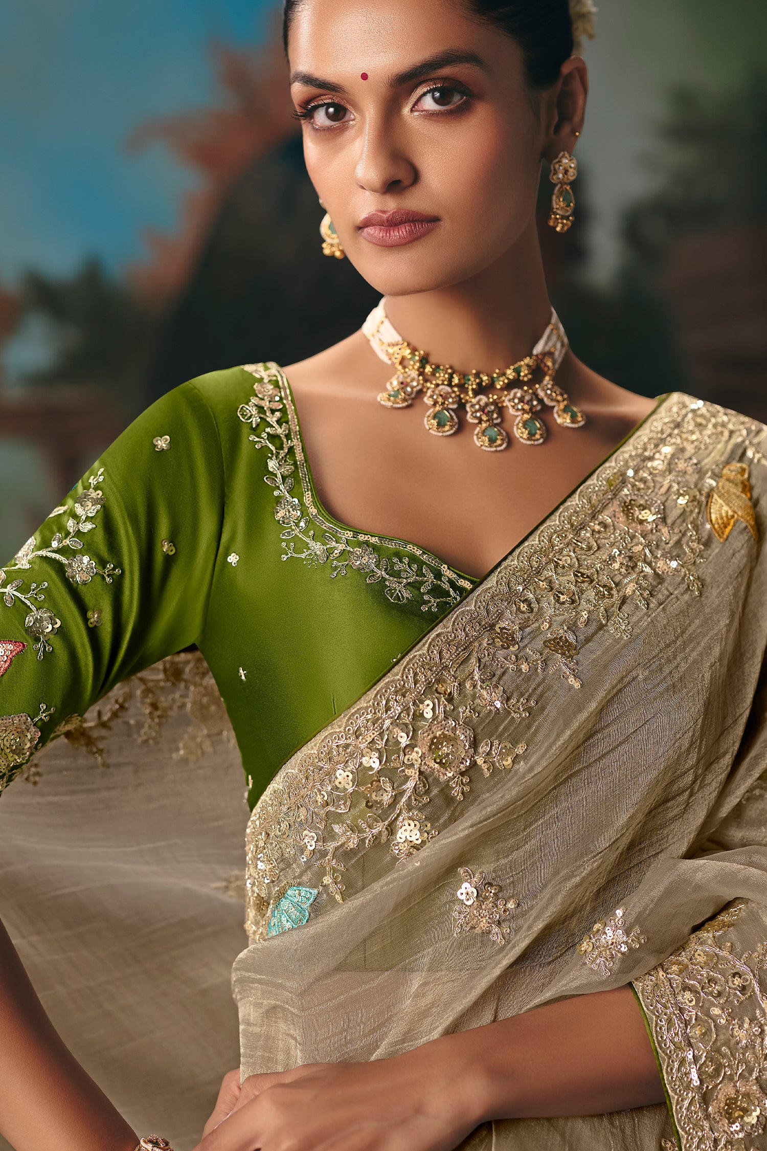 Beige Viscose Chiffon Saree With Elegant Embroidery - Image 3