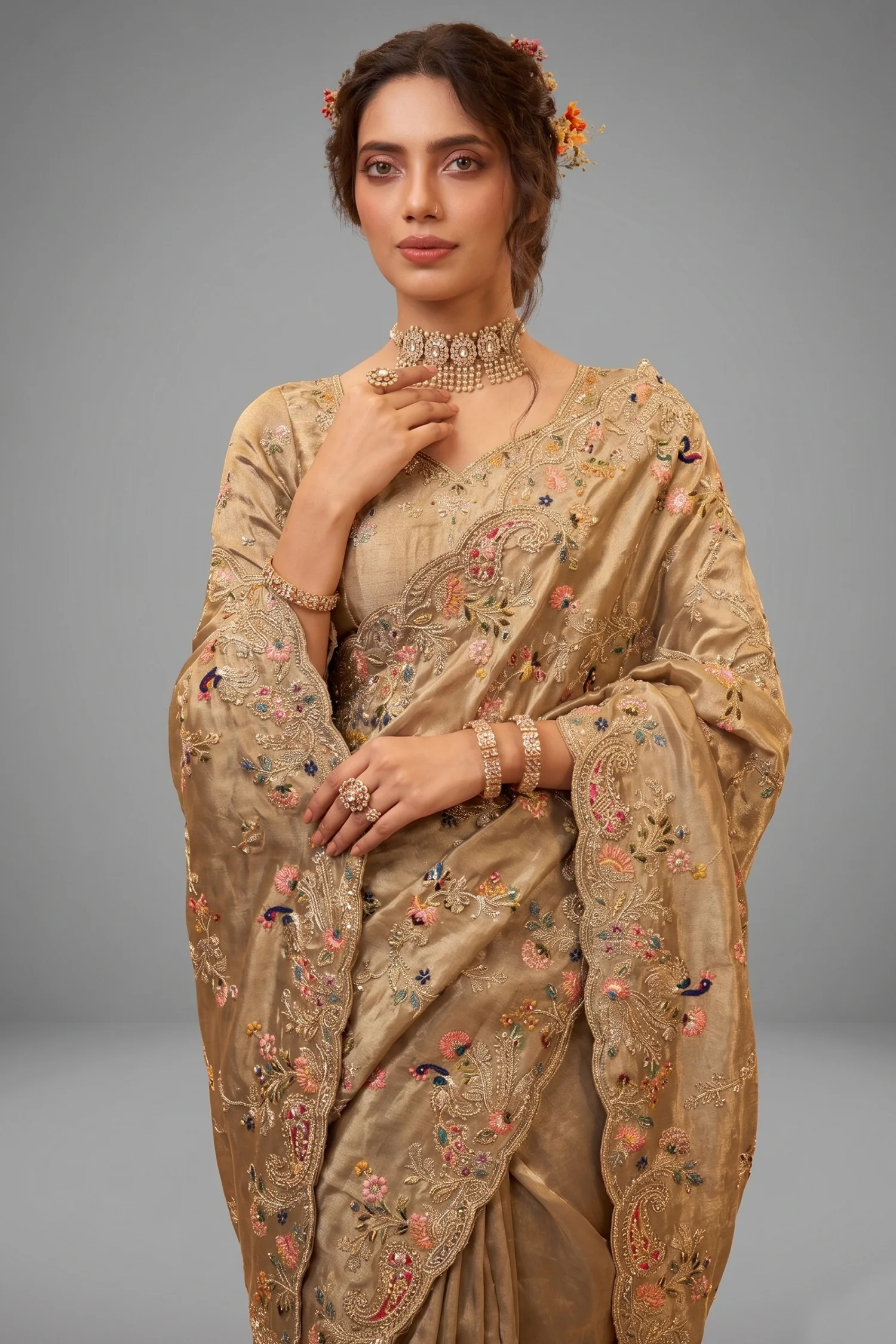 Beige Viscose Silk Embroidered Saree - Image 2